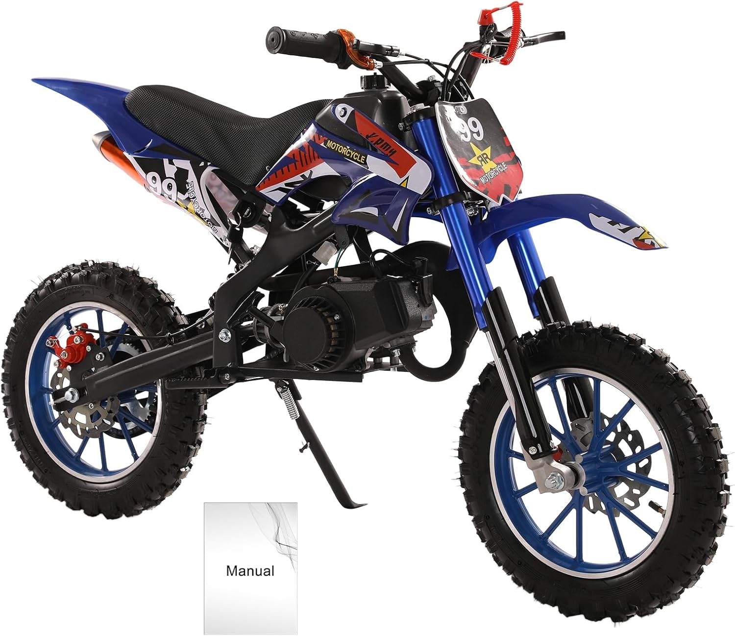 49cc 2 Stroke Dirt Bike Gas Dirt Bikes Kids Gas Motorcycle for Kids Off Road Gas Power Mini Pocket Motorcycle with Front Rear Disc Brakes, Shock Absorption Springs, Soft Seat Cushion Blue