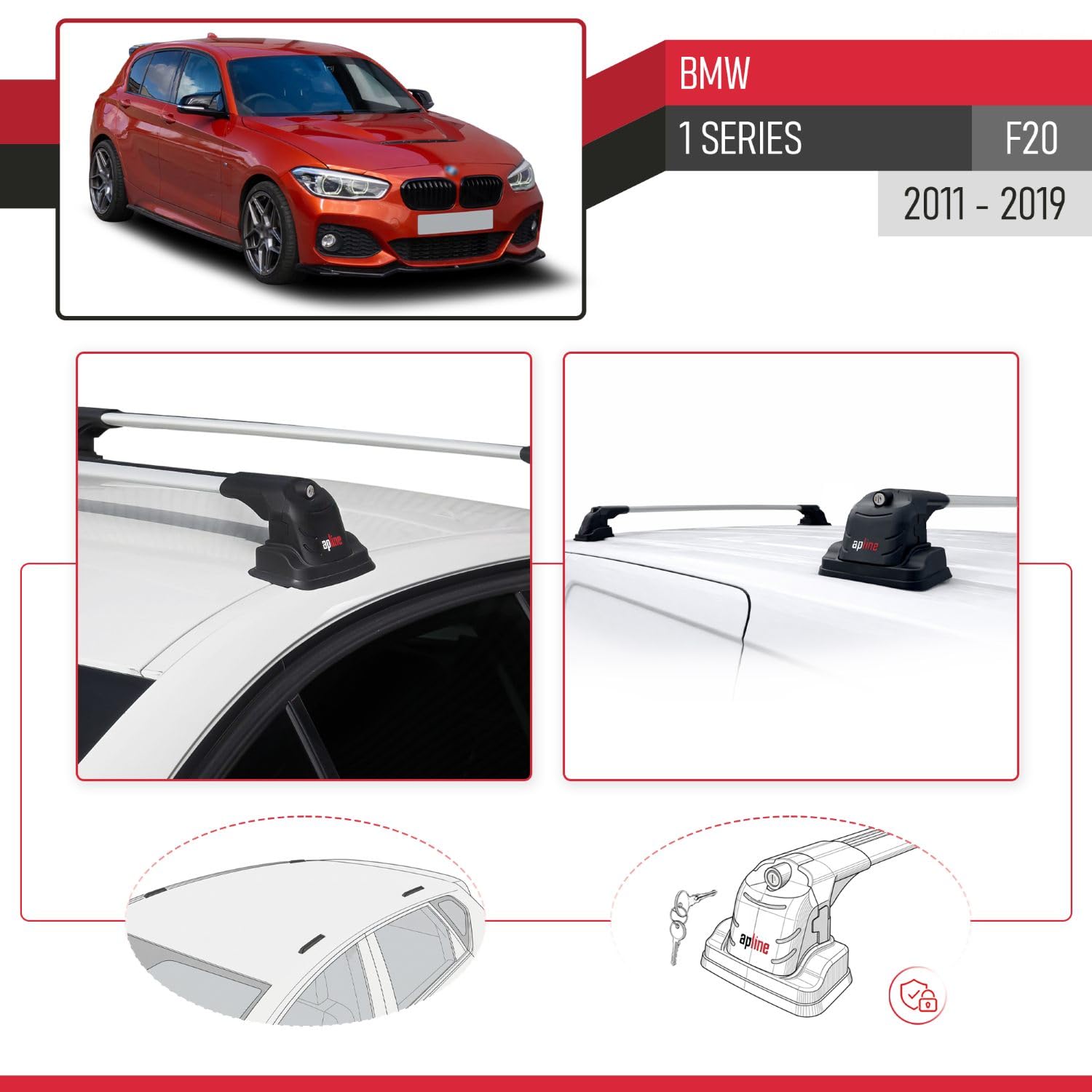 Kompatybilny z Compatible with BMW 1 Series (F20) 2012-2019 ACE-3 Model Aluminiowy bagażnik dachowy 2 poprzeczki, szary