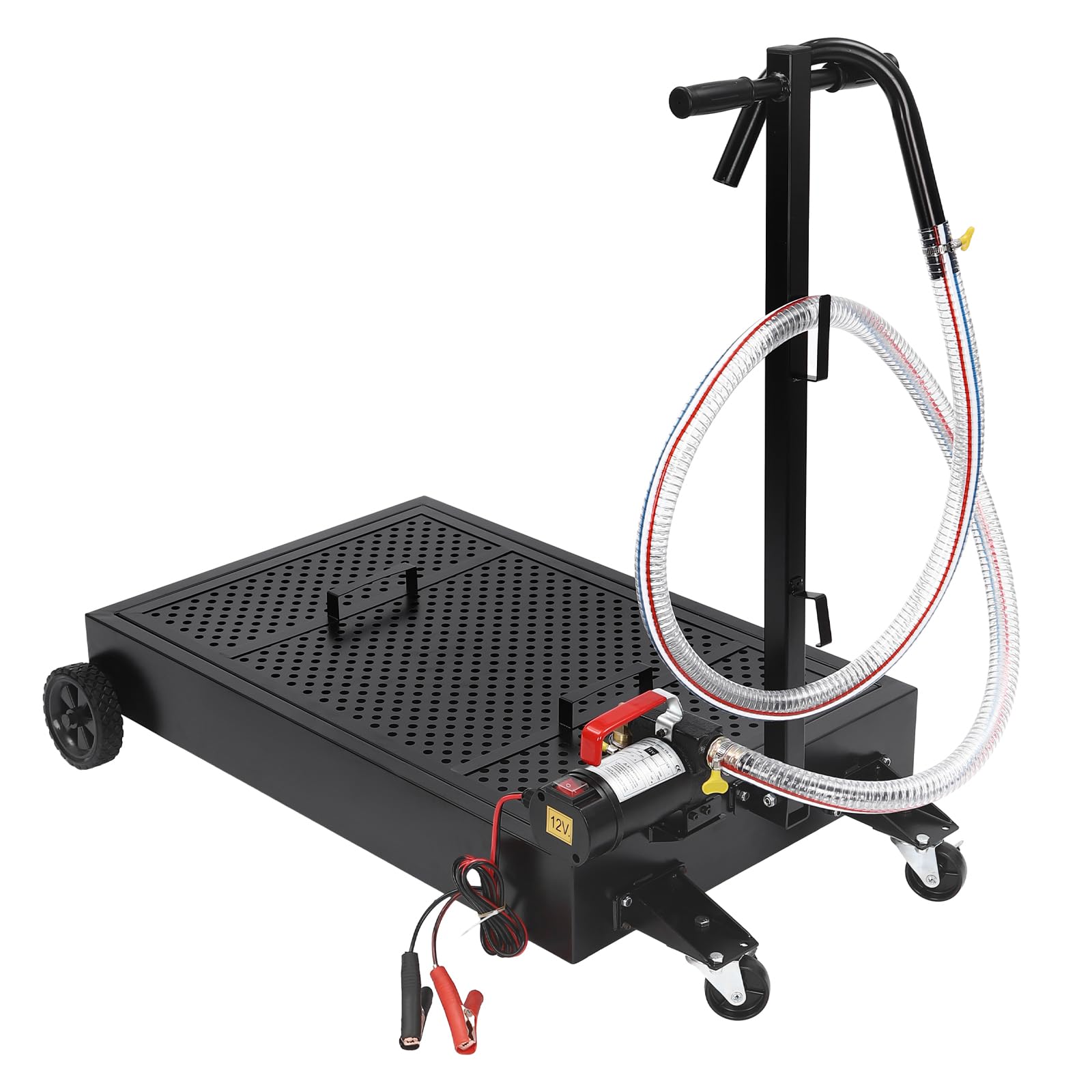 Goudergo 12V 155W 17 Gallon Electric Oil Drain Pan Set with Electric Oil Pump and 7.2 Ft Hose, T Folding Handle Oil Drain Cart for Collect Waste