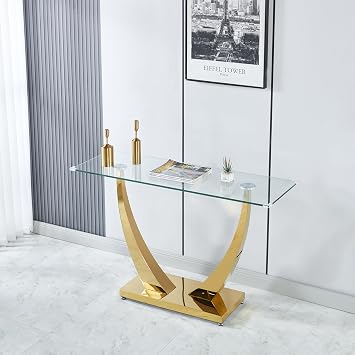 Gold Glass Console Entryway Table, 47 Clear Glass Narrow Long Sofa Tables, Modern Accent Entrance Desk with Silver Geometric Stainless Steel Frame for Entrance, Living Room
