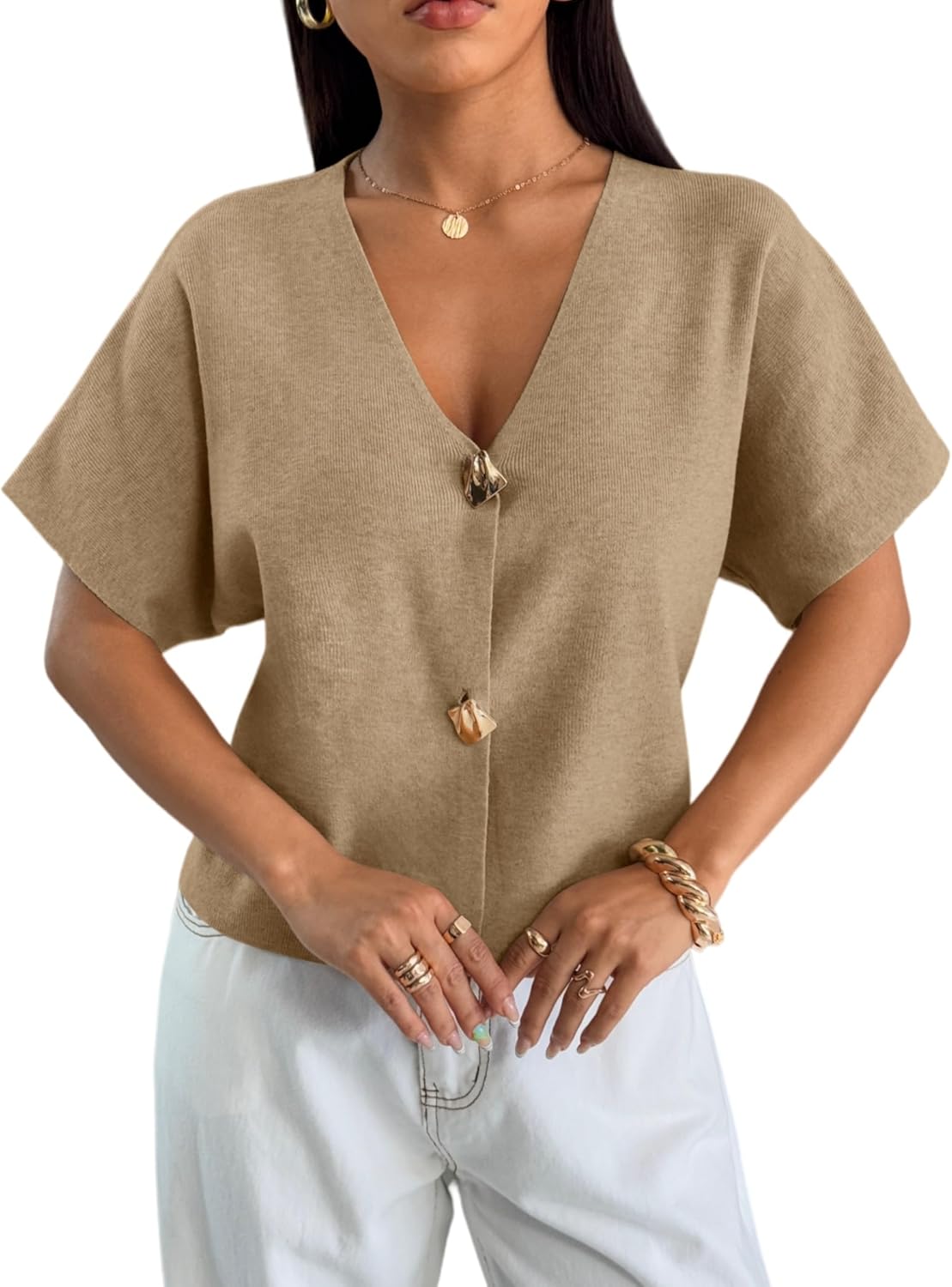 ZAFUL Women's Short Sleeve Office Spring Fall Winter Cardigan Sweater Button Down V Neck Slim Fit Knit Tops