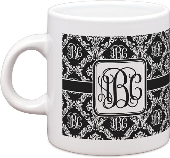 Personalized Monogrammed Damask Single Shot Espresso Cup - 3 oz. Ceramic, White, Modern, Reusable, Insulated, Microwave Safe
