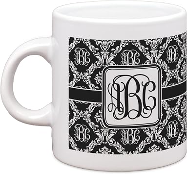 Personalized Monogrammed Damask Single Shot Espresso Cup - 3 oz. Ceramic, White, Modern, Reusable, Insulated, Microwave Safe