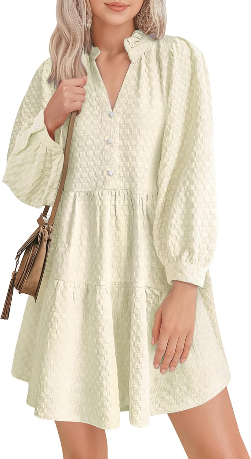 Lazysmile Dresses for Women Long Sleeve V Neck Button Down Ruffled Flowy Fall Casual Babydoll Tunic Dress