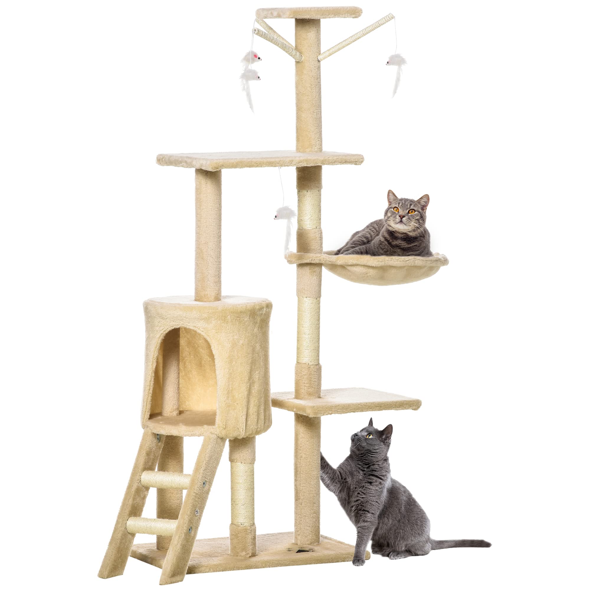 PawHut Árbol para Gatos Rascador Grande con Nidos Plataformas Casetas Ratón de Juego 131cm Cubierto de Felpa Beige