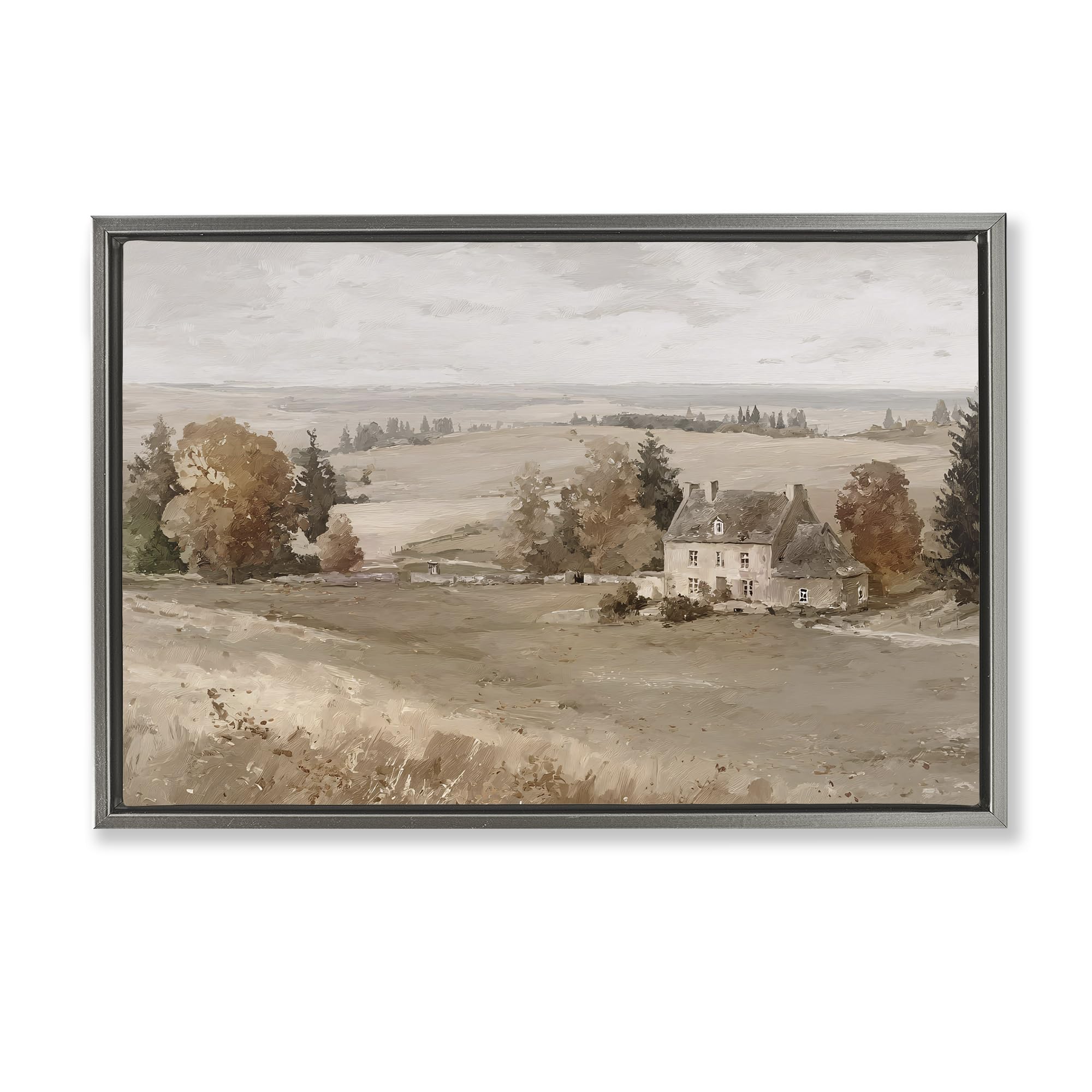 Stupell Industries 'Quaint Cottage in Countryside', Floating Frame Canvas Art, Gray, 25 x 17 Inches, Easy to Hang and Sturdy, Made in USA, by Jacky Ngan