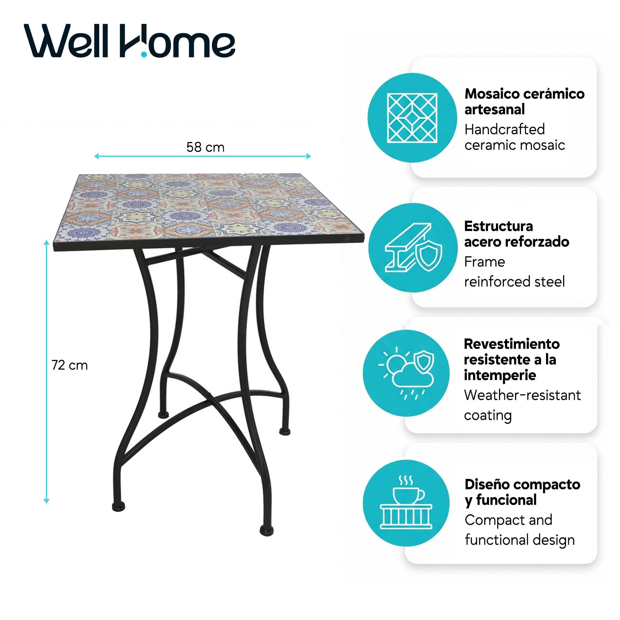 Mesa Auxiliar de Patio de Mosaico Redonda - Mesa de Café para Jardín y Terraza con Patas de Hierro Forjado Antióxido, Mesa Pequeña Decorativa para Exterior e Interior, 58x58x72, Modelo Vito