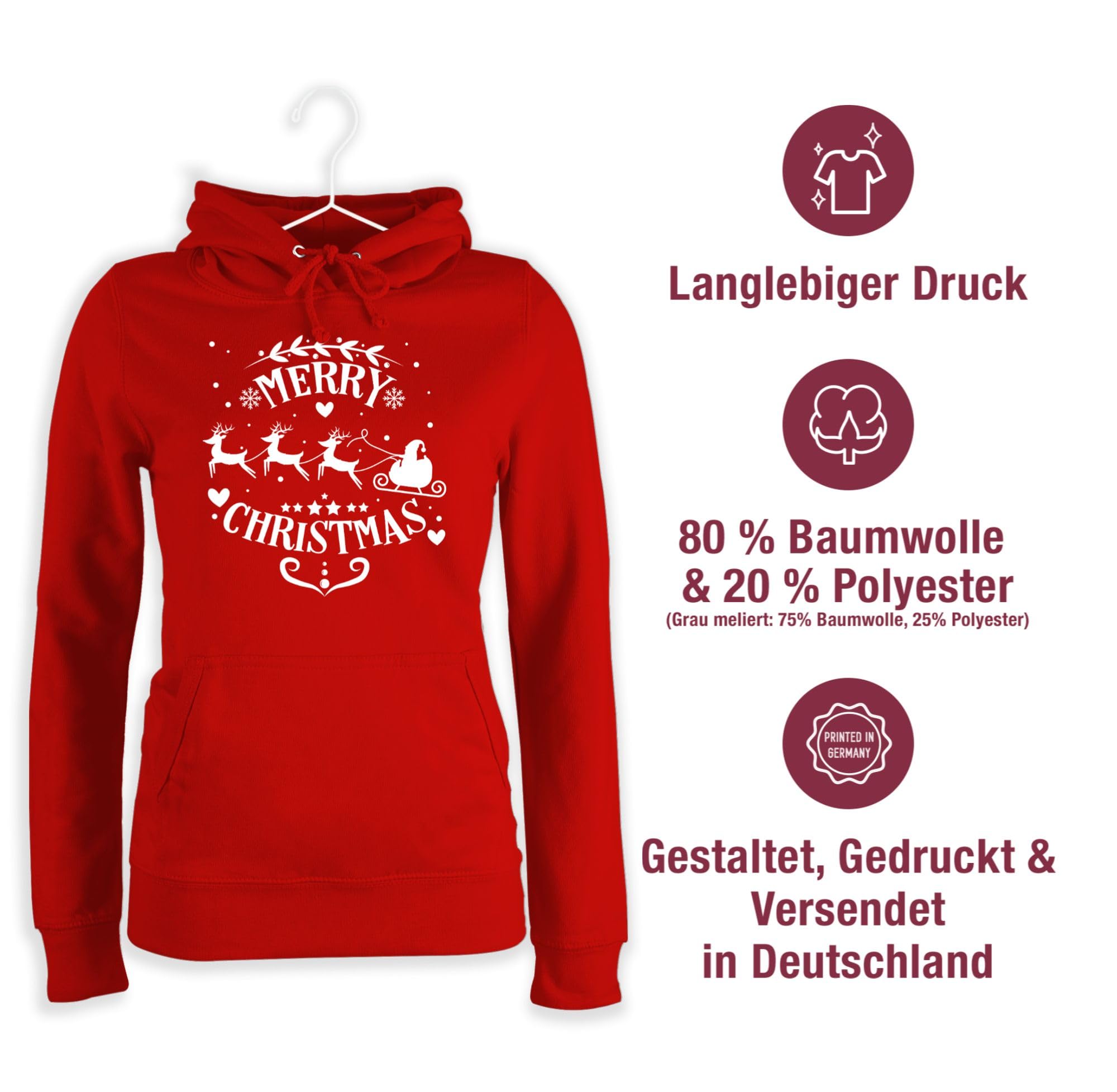 Shirtracer - Pullover Damen Hoodie Frauen - Weihnachten Geschenke Bekleidung - Merry Christmas Weihnachtsmann und Rentiere weiß