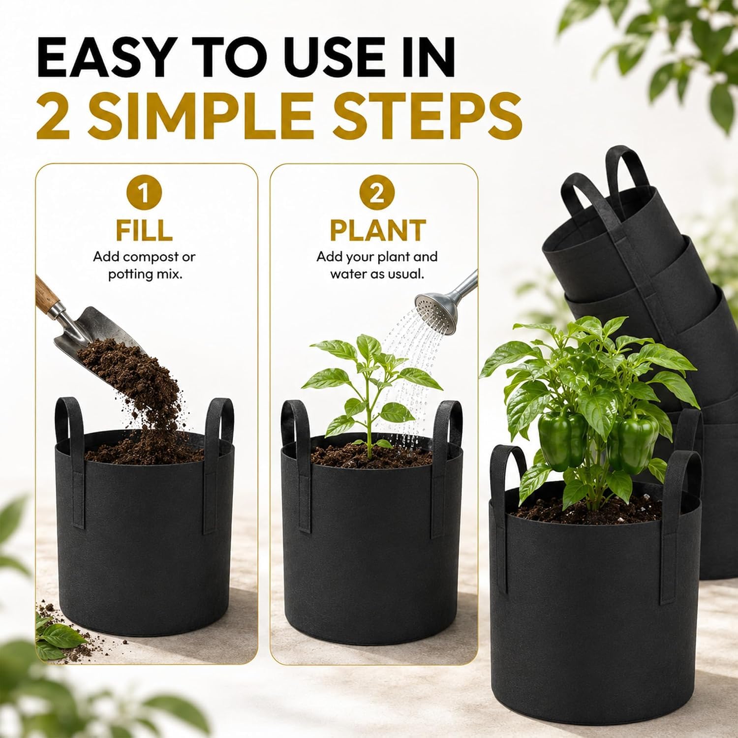 Bronte Heritage Lot de 10 sacs de culture pour légumes en tissu avec poignées, sacs de jardin noirs pour planter des pommes de terre, des tomates, des fraises ou des piments. Conteneurs d'extérieur ou