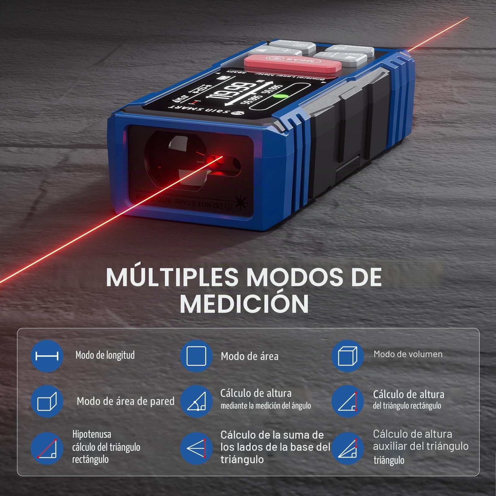 Medidor láser Doble SainSmart, medidor de Distancia Bilateral de 120 m con Pantalla LCD retroiluminada, medidor láser Recargable, Sensor de Longitud, área, Volumen y ángulo