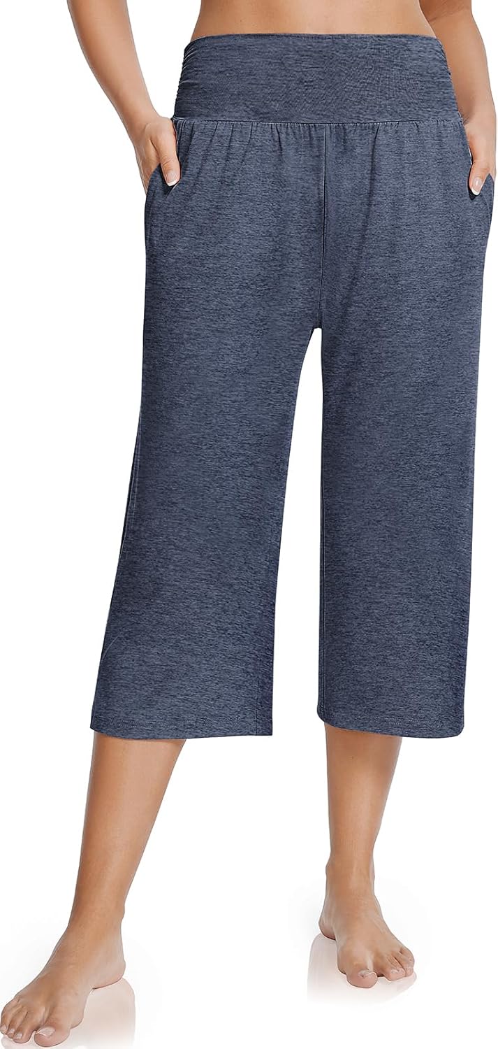 UEU Women's Summer Capris Yoga Pants for Women High Waisted Casual Wide Leg Loose Soft Pajamas with Pockets