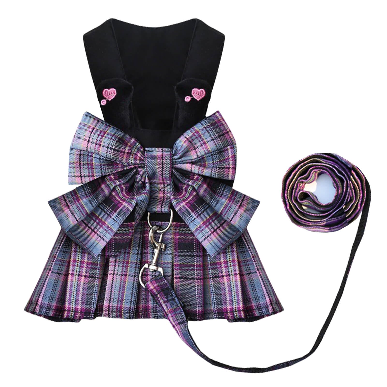 Dog Dresses Puppy Bowknot Luxury Princess Plaid Skirt Summer Outfits Clothes Harness and Leash Tutu Skirt Cute Doggie Dress for Small Dog Girl Black Purple L