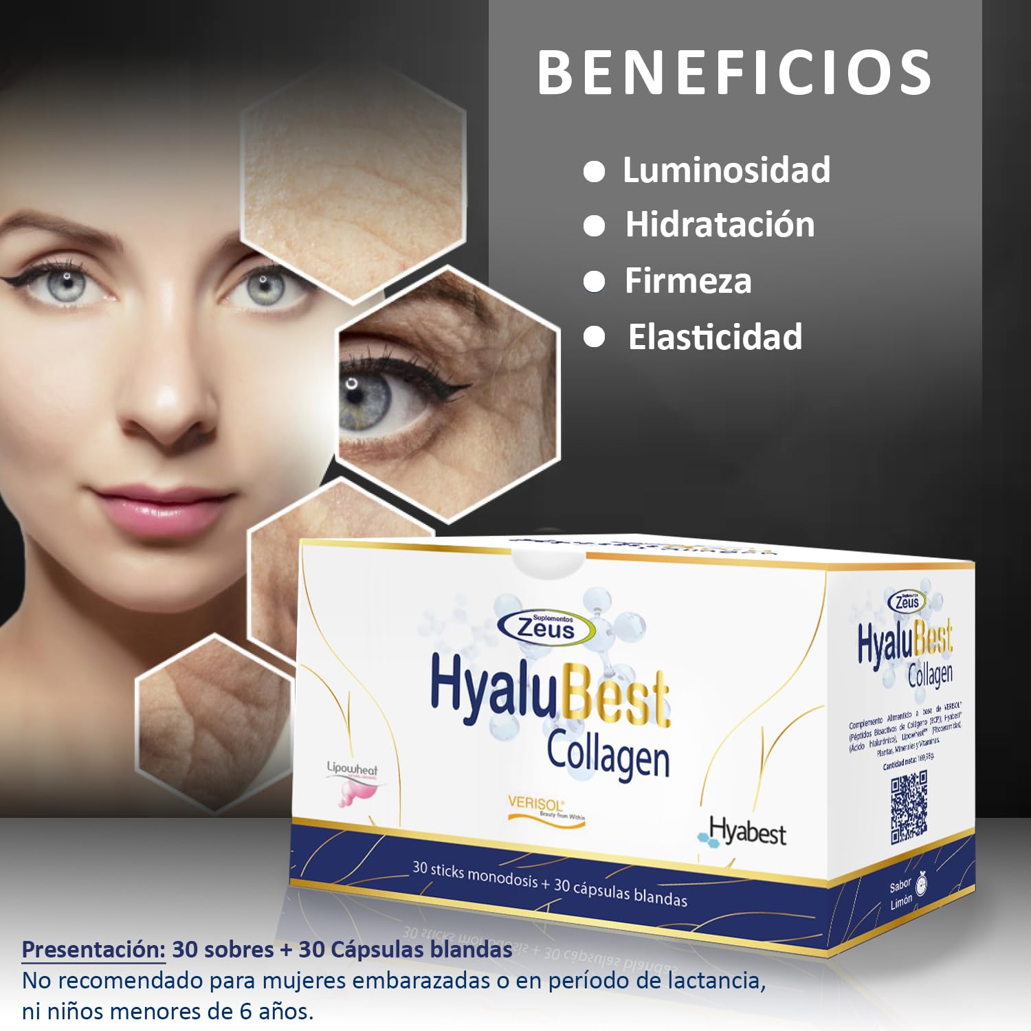 HYALUBEST COLLAGEN Suplementos Zeus Complemento Avanzado para Piel, Cabello y Uñas con Péptidos de Colágeno, Ácido Hialurónico y Antioxidantes, 30 sobres + 30 cápsulas blandas
