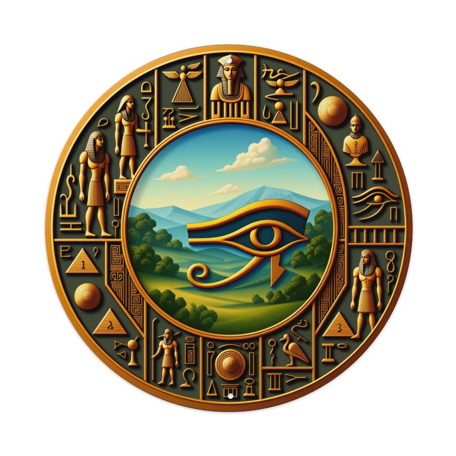 Wmlzdnwr Vintage Egyptian Eye Of Horus Landscape Symbol Pattern Round Tin Sign,Retro Wall Art,Metal Poster For Home, Bar, Garage, Cafe, Rustic Indoor & Outdoor Decor, 8X8 Inches