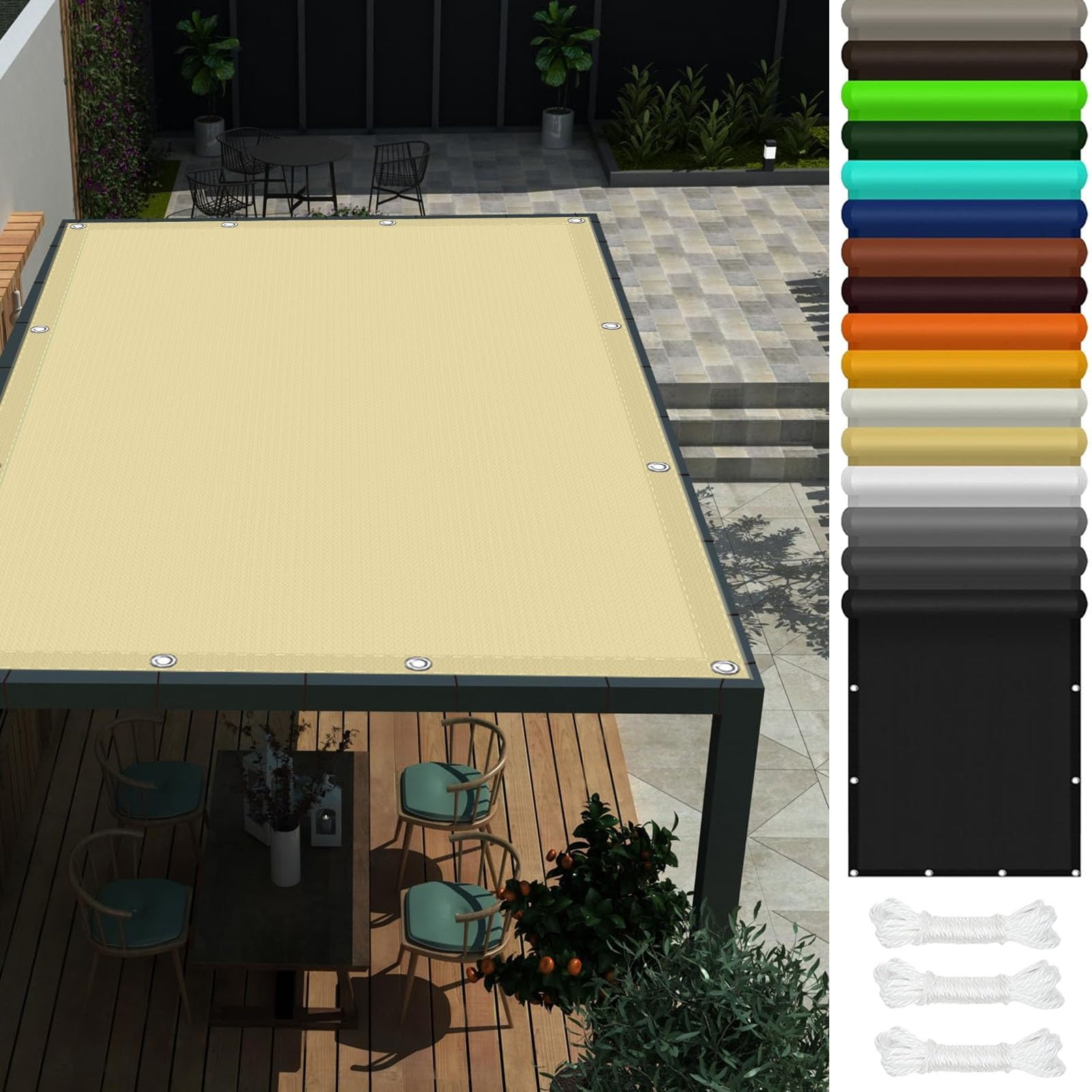 Voile d'ombrage rectangulaire 2x3.2 m en polyester jaune sable avec oeillets pour camping