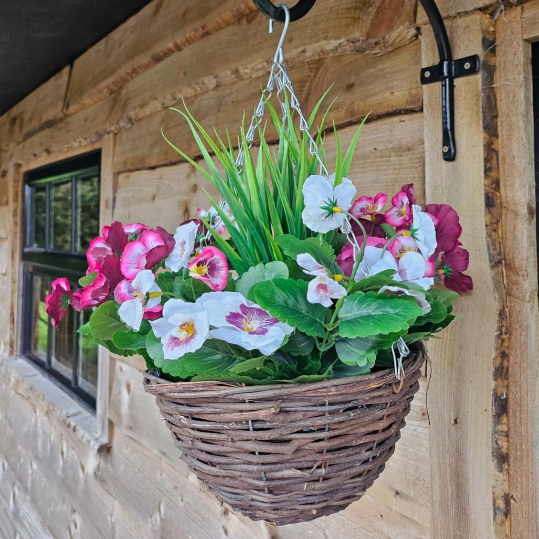Best Artificial Plum & White 10" Wicker Rattan Basket With 30Cm Pansy Flower Display - Suitable For Outdoor, Indoor And Garden (Multi Listing) (Plum & White)