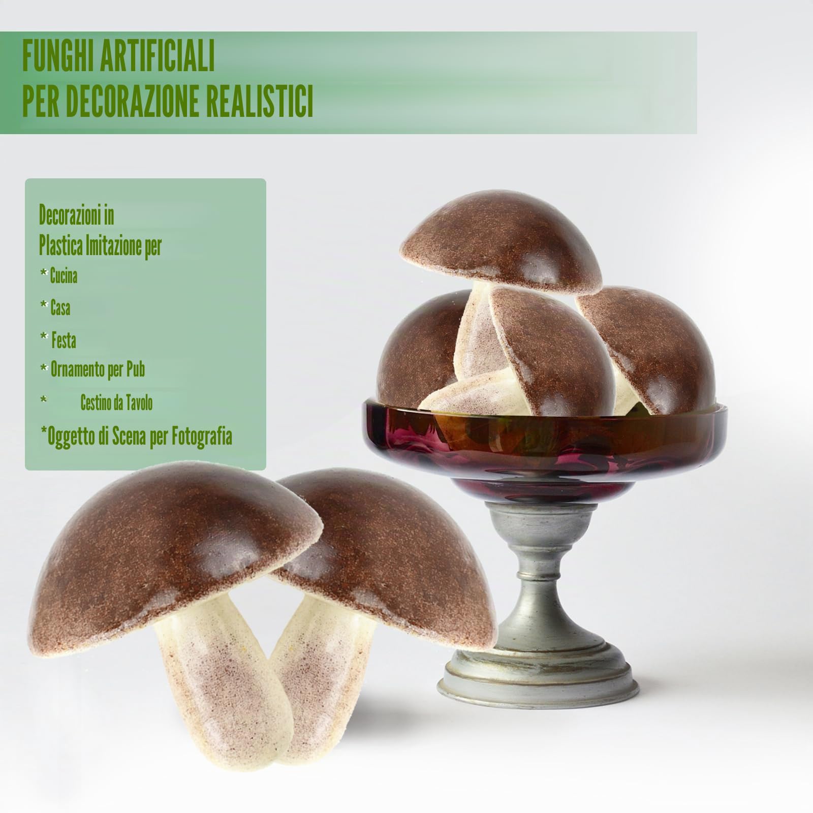 Funghi finti, 6 funghi finti in plastica, decorazione di frutta artificiale
