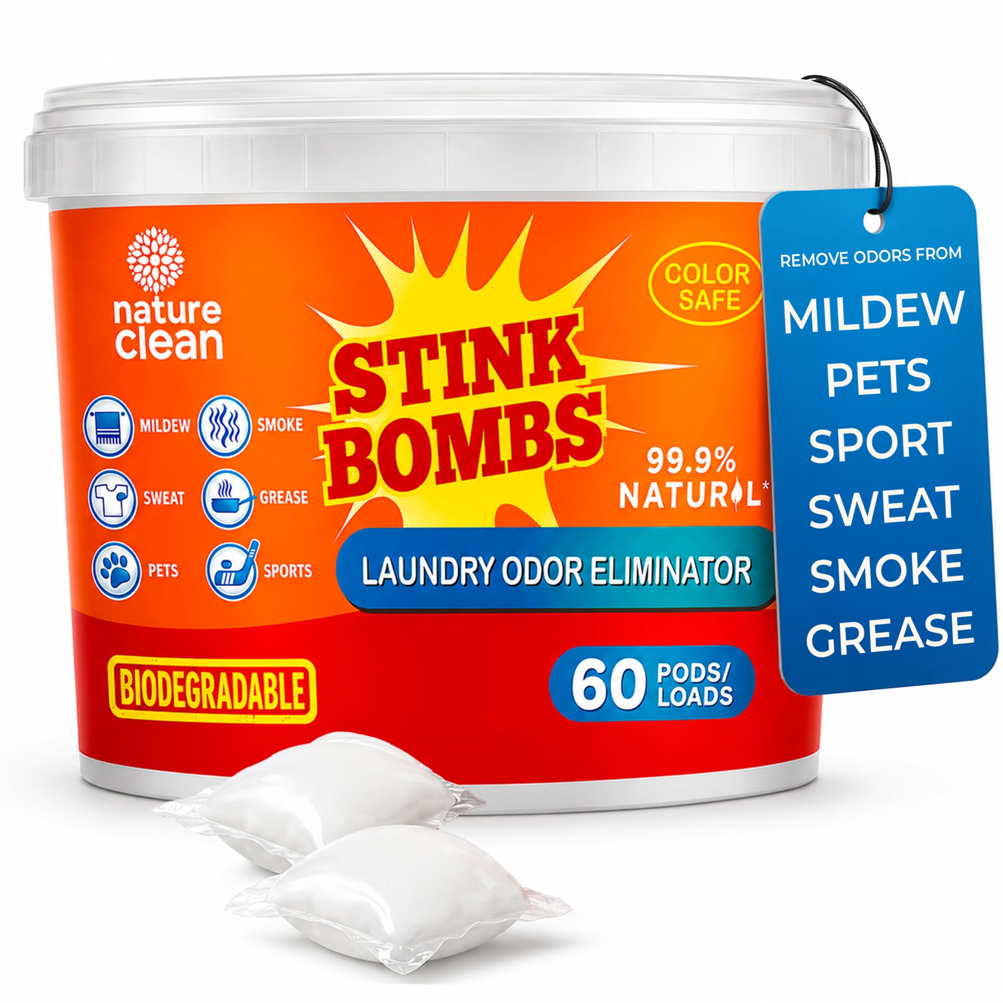 Nature Clean Stink Bombs Laundry Odor Eliminator, Deodorizer Pods, 60 Count