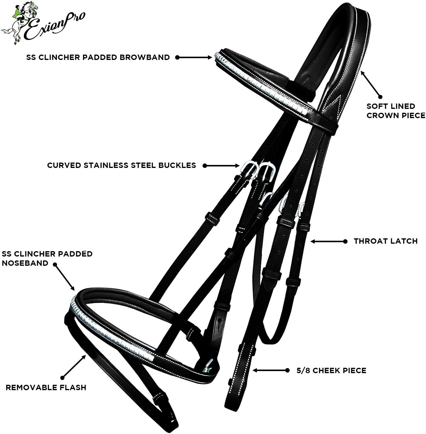 Exion English Jumping Bridle with Flash – Anatomical Padded Crownpiece & SS Clincher Studded Browband – Premium Leather Horse Bridle with Contrast Stitching & Rubber Reins