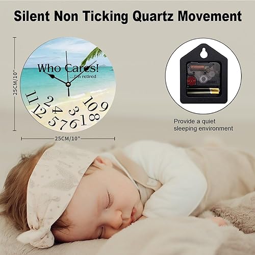 Miniatura 2 de ArogGeld Reloj de madera con texto en inglés "Who Cares I'm Retire", decorativo, de madera, reloj de pared para verano, playa, costero, silencioso,