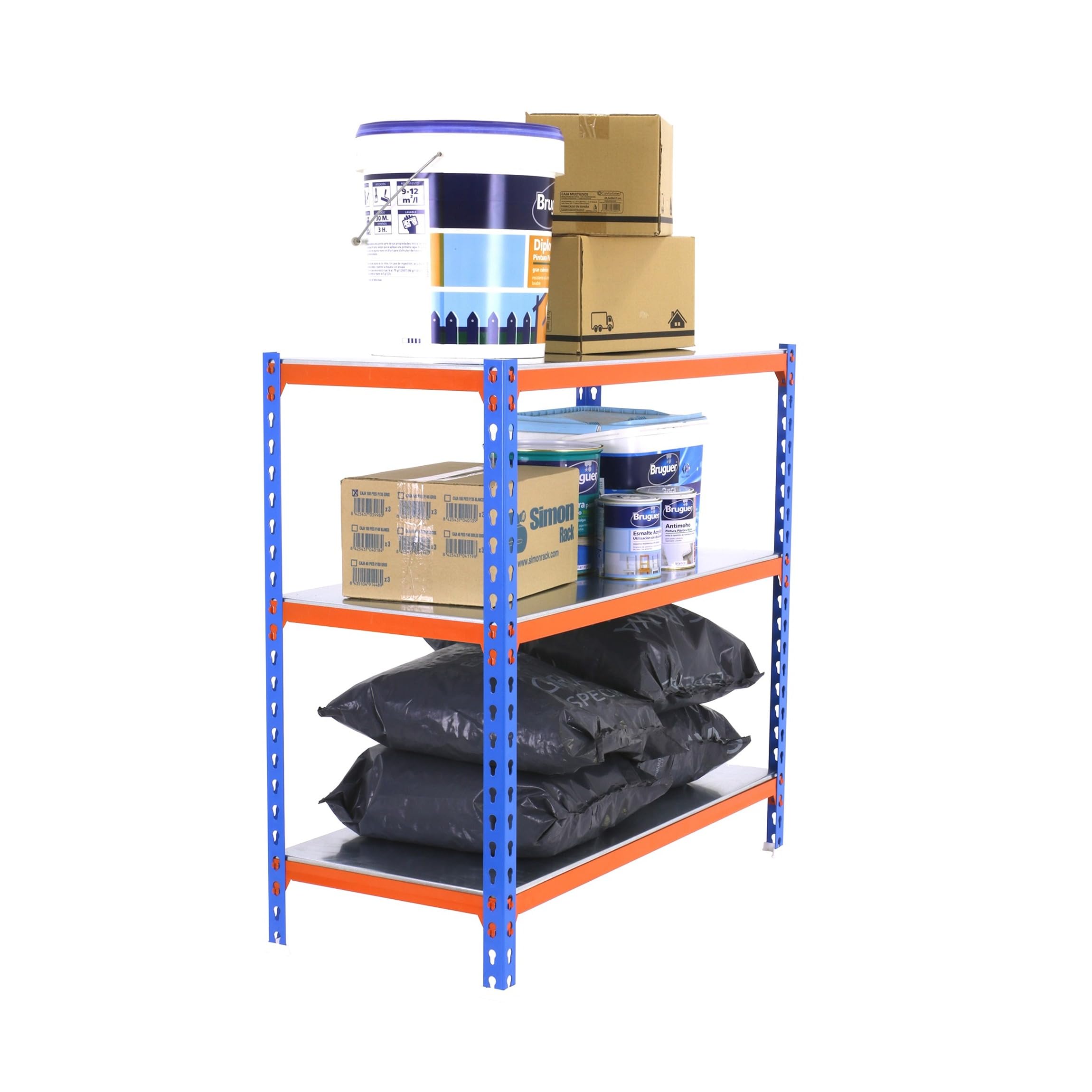Simon Rack Regał metalowy 900x1200x500 mm, 3 półek, nośność 200 kg na półkę, regał magazynowy i garażowy, stabilna konstrukcja, kolor Niebieskie/Pomarańczowe/Ocynkowane – Simon Classic