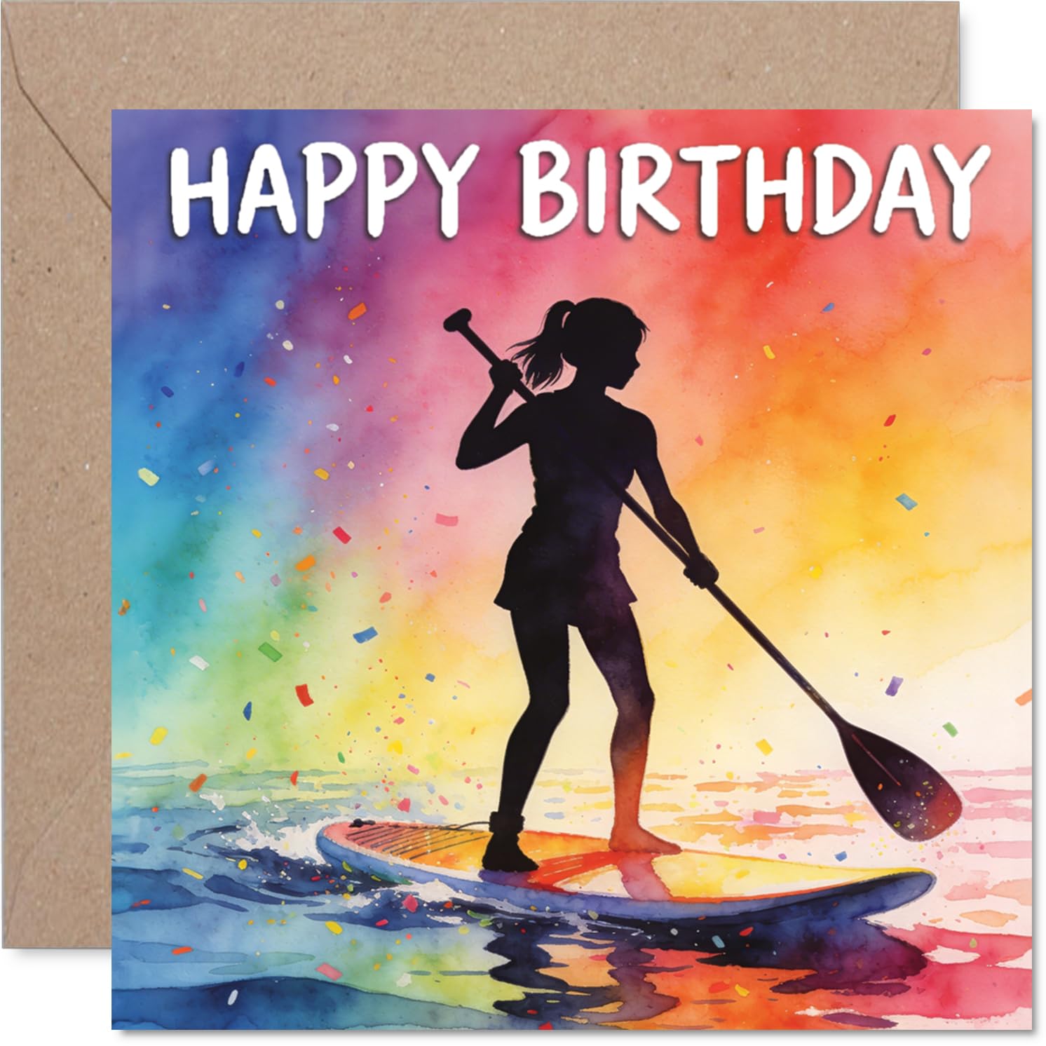 Playful Birthday Card - Vibrant Paddleboarding Silhouette - Joyful Multicolour Scene Bursting with Fun - 145mm Square, Envelope Included