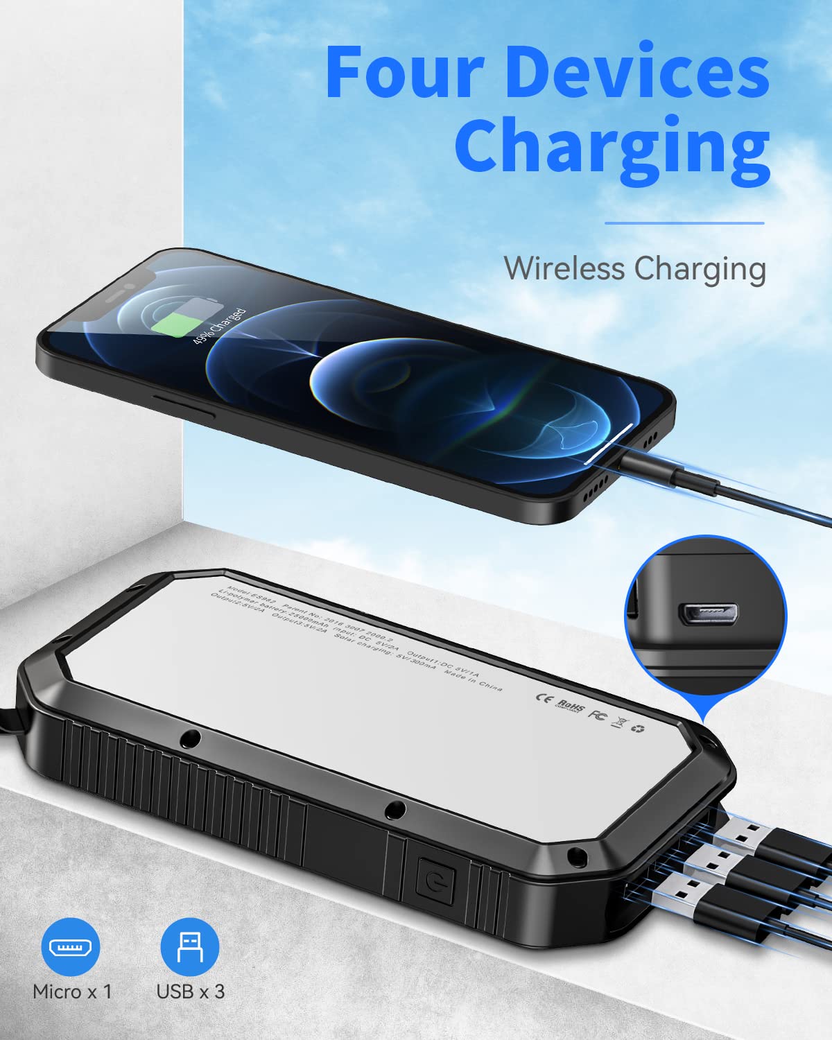 Power Bank Solare 25000mAh Con 4 Pannelli Pieghevoli, Doppia Uscita USB 3.0A, Impermeabile E Con Luce LED SOS, Arancione