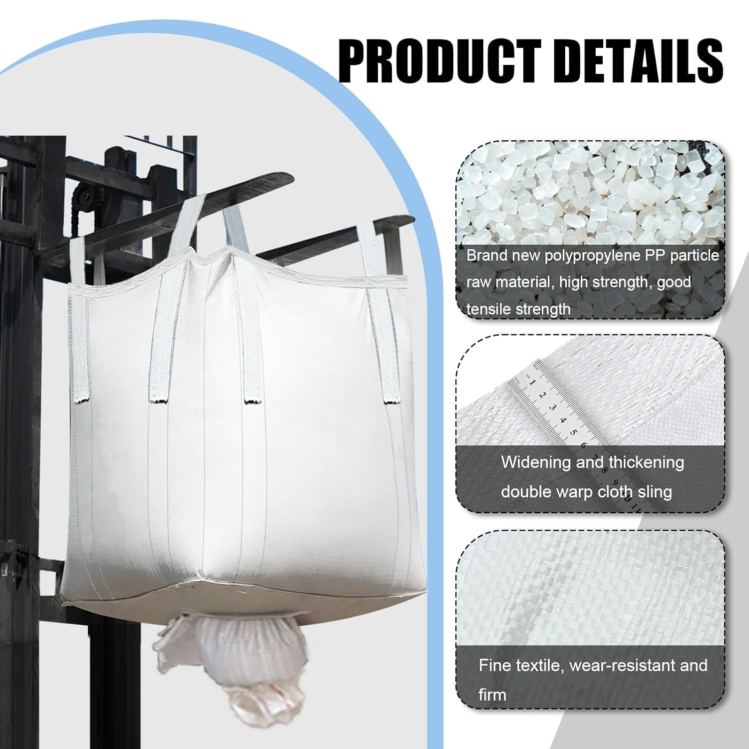 10Pcs FIBC Bulk Bag,1.5 Ton Bag, 35.4"L x 35.4"W x 43.3"H,3300lbs SWL Safty Factor 3:1,Woven Polypropylene Bags,Duffle Top Spout Bottom - Image 4