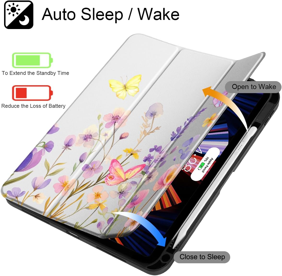 Tuiklol Case for iPad 11 inch (A16 Chip) 2025 Generation 11th / iPad 10.9 inch 2022 10th Gen, Buit in Pencil Holder with Shockproof Cover Clear Transparent Back Shell Auto Wake/Sleep, Purple Flower - Image 2