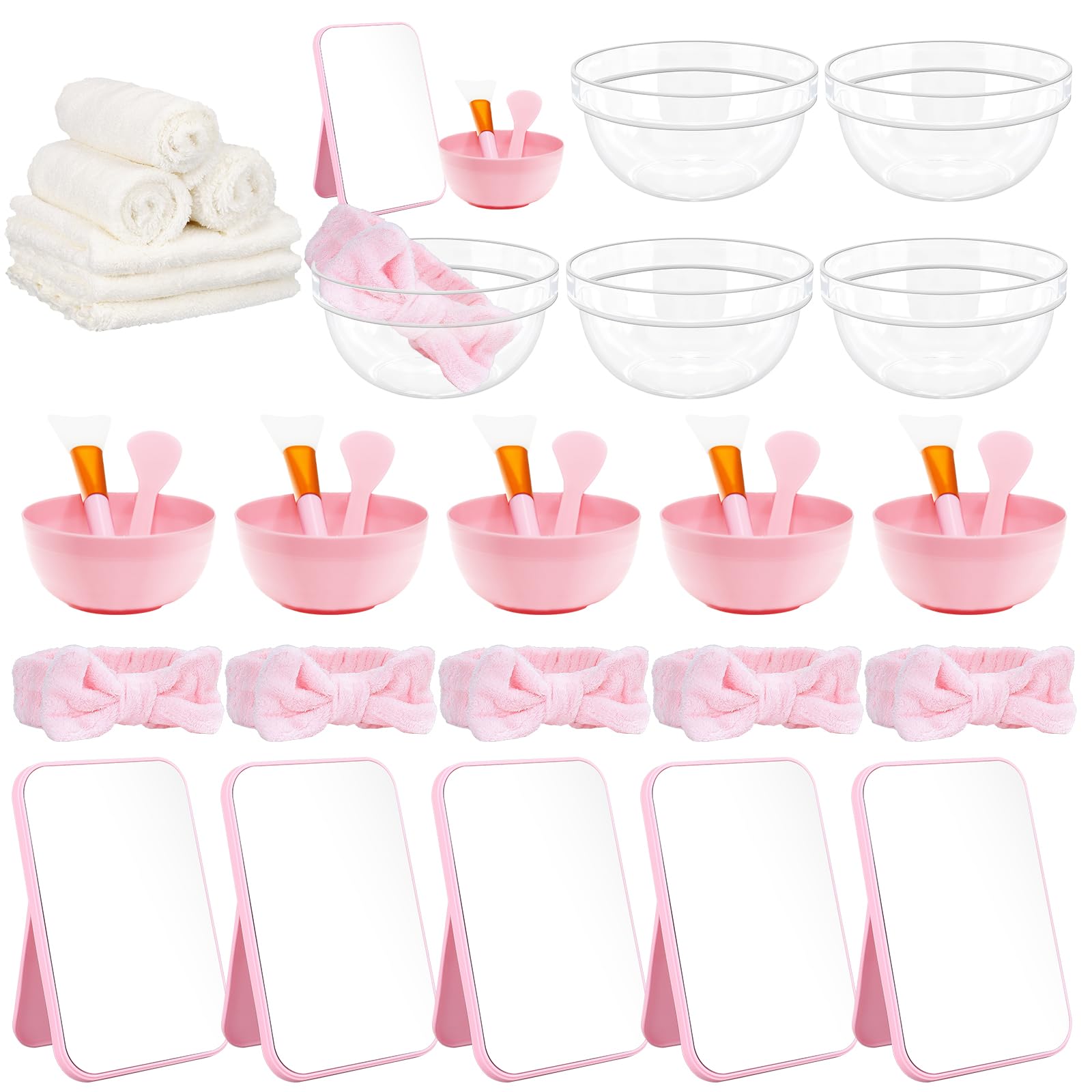 Set da 42 pezzi Spa Party Set per ragazze, spa con ciotole miste, specchietti per trucco, fasce per lavare, ciotole, pennelli per maschera, bacchette, accessori per feste (rosa)