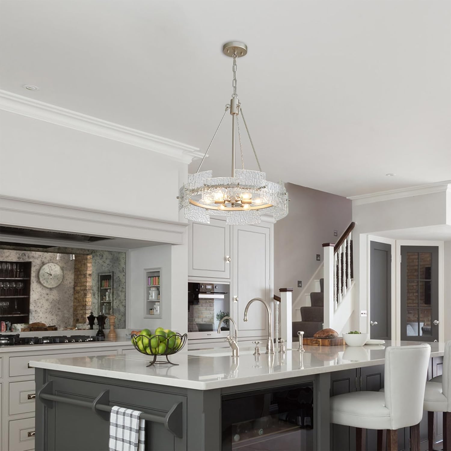 Glass Drum Chandeliers for Dining Room Modern 6-Light Silver Farmhouse Pendant Lighting Fixtures Height Adjustable Round Chandelier for Kitchen Island Living Room Entryway,19.7"