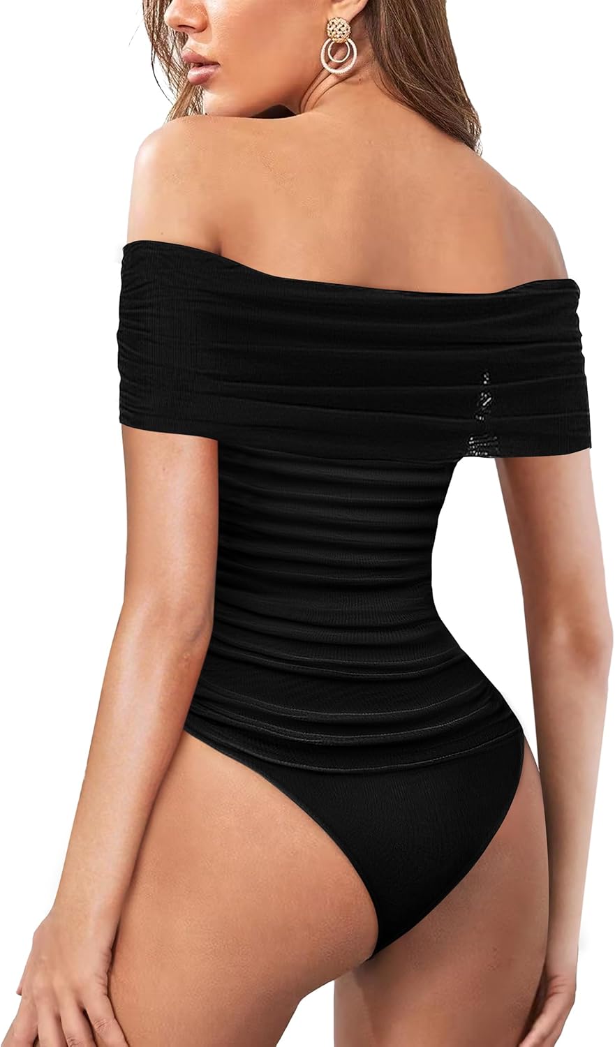 SAUNGKUAI Women's Short Sleeve Bodysuit Off the Shoulder Mesh Ruched One Piece Body Suits Summer Outfits - Image 2