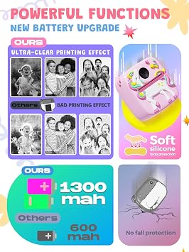 Kids Camera Instant Print, 1080P Toddler Camera, Girls Gifts Toys Age 3+ | Kids Digital Camera, Christmas Birthday Gifts Toys for 3 4 5 6 7 8 9 Year Old Girls (Pink)