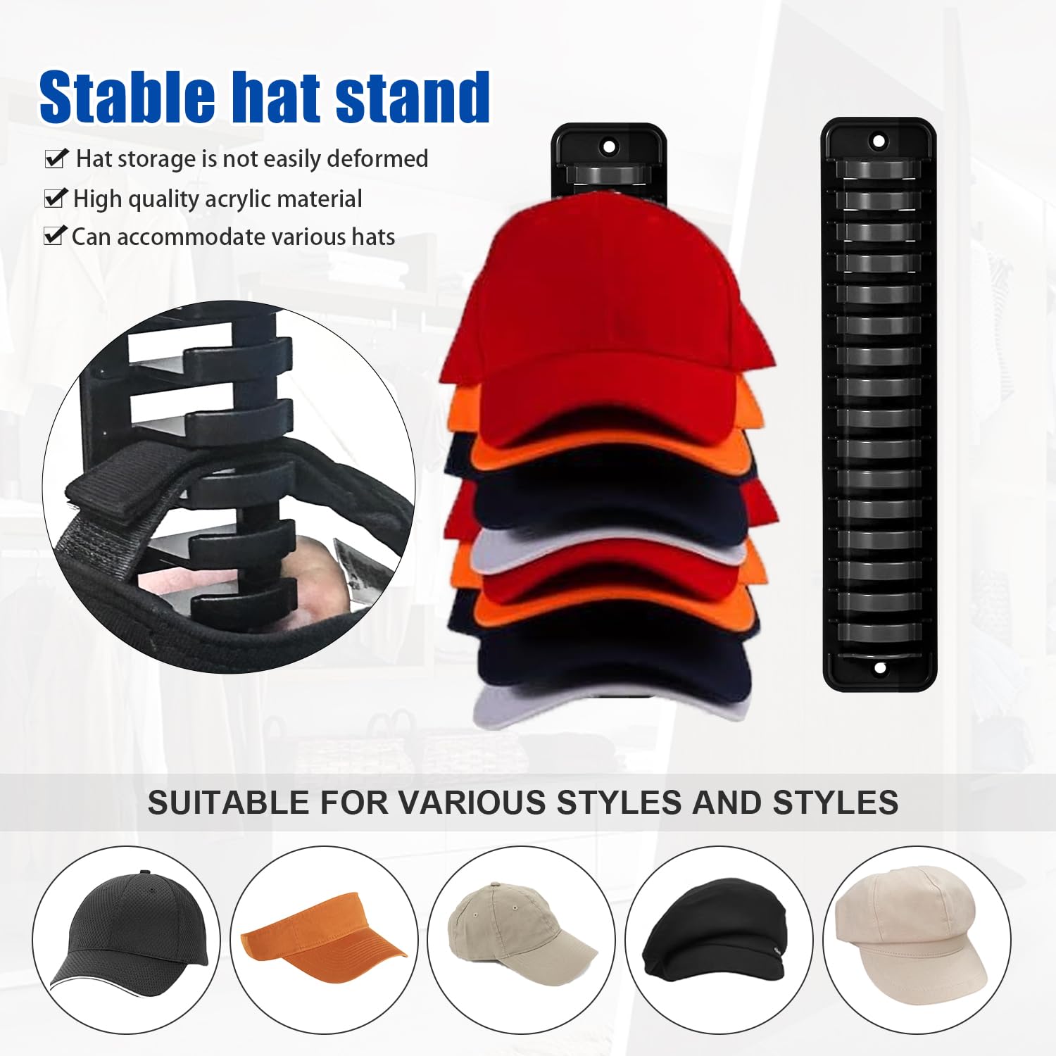 Porta Cappelli Parete, Espositore Cappelli, Portacappelli Autoadesivo, Organizzatore Baseball Cap, Cappelliera per Cappelli Contenere 16 Cappelli, Nero
