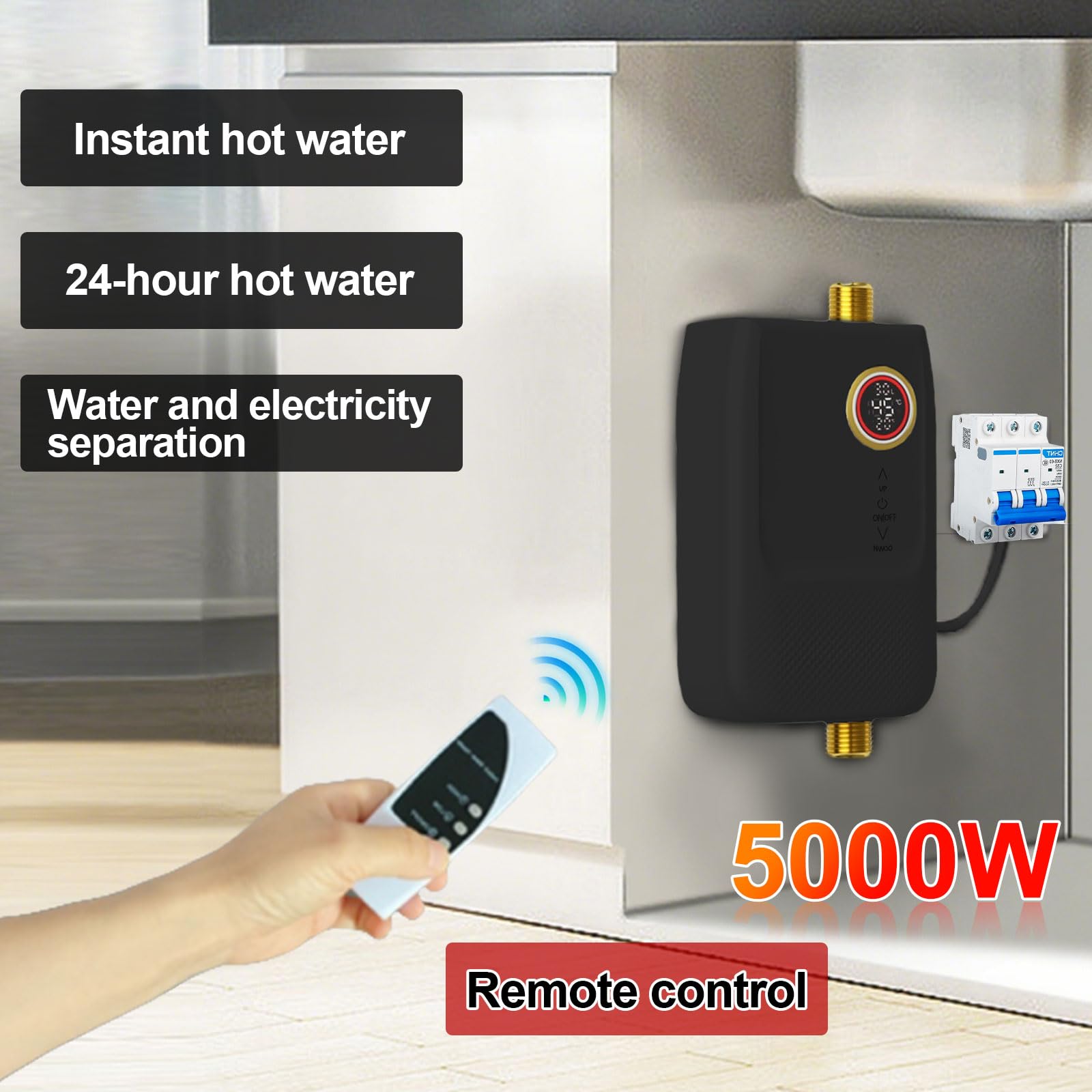5500W 220V Chauffe-eau Instantané, Mini Chauffe Eau Instantané Electrique, Affichage LED, Température Réglable Chauffage électrique Avec écran Tactile Et Télécommande Pour RV Cuisine Salle De