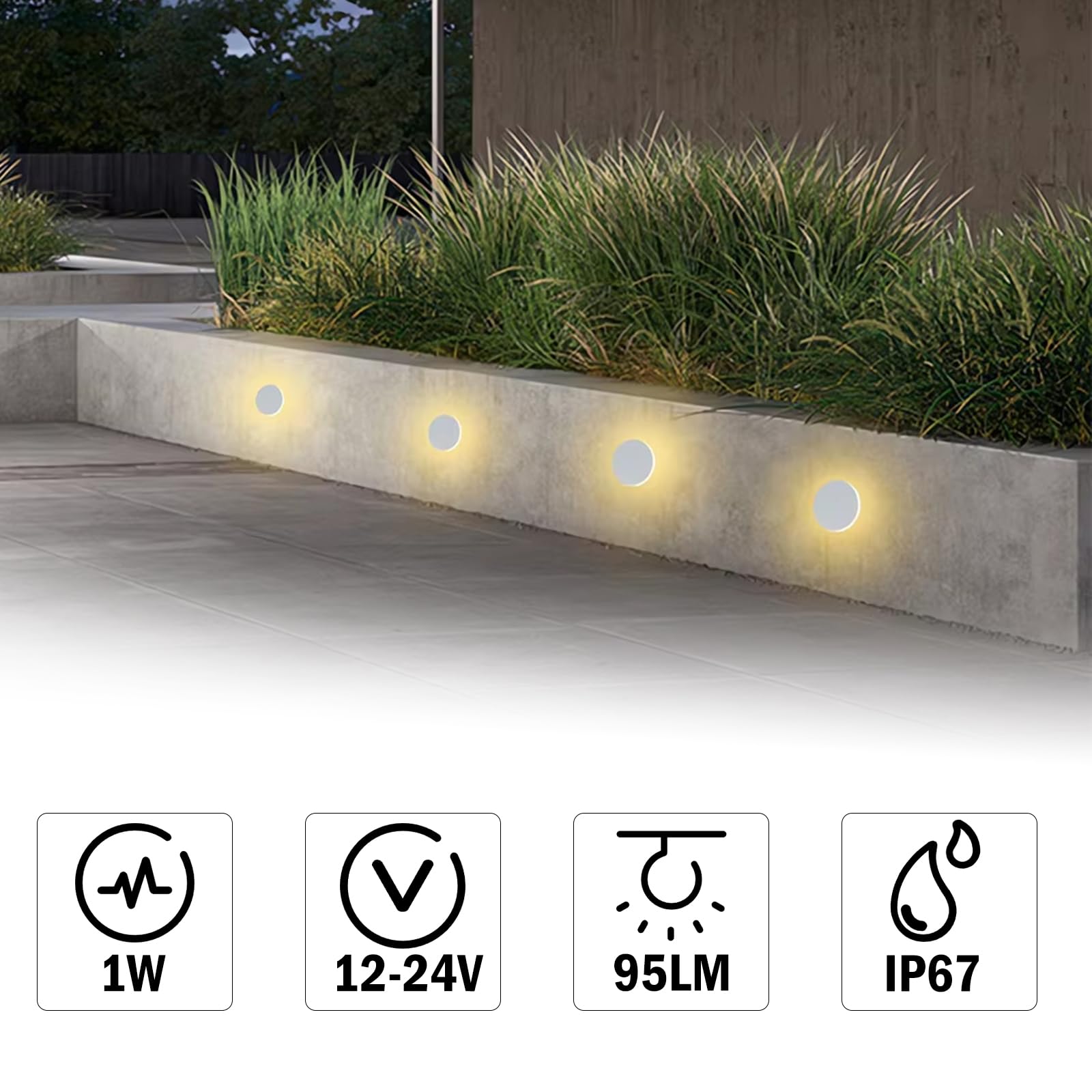 1W LED Wandleuchten Mit 230V/12V Trafo, IP67 Wasserdichte Außen/Innen Wandlampe, Einbauleuchte Treppenleuchte Mini Stufenleuchten Treppenlicht Für Stufen Treppen Fassade（Silber Warmweiß, 4 Stück）