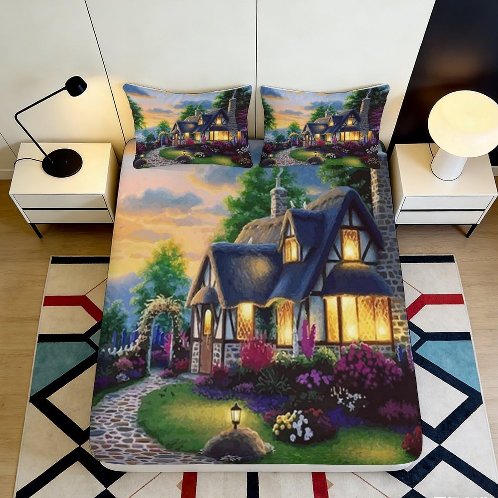 3D Printed Cottage Scene Fitted Sheet Microfiber Non-Slip Deep Pocket Cottage Mattress Fitted Cover Bedroom Use 140x200x25cm
