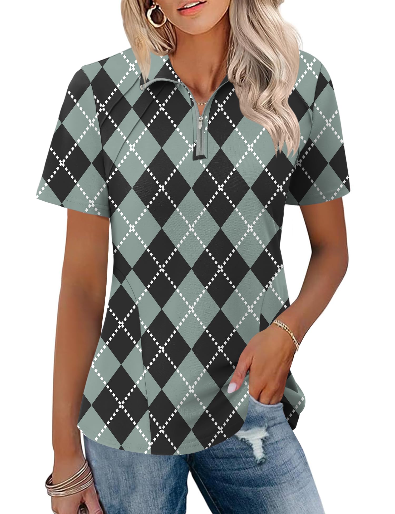 LOMON Womens Golf Polo Shirt Summer Short Sleeve Quarter Zip Outfit