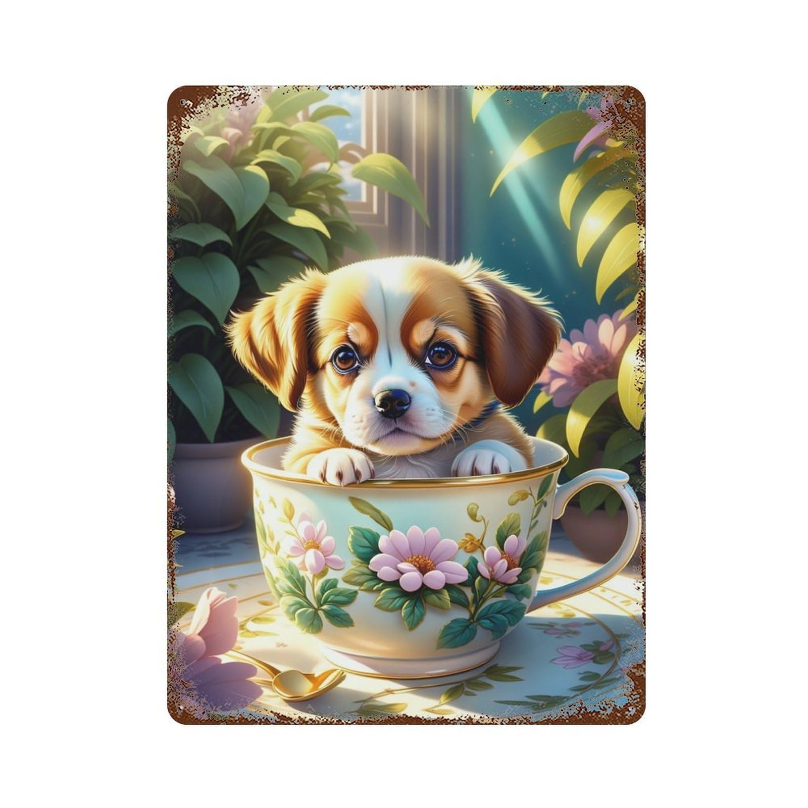 Cute Puppy in Teacup Distressed Metal Wall Sign 15.7"x11.8", Shabby Chic Decor for Garage, Pub Or Kitchen