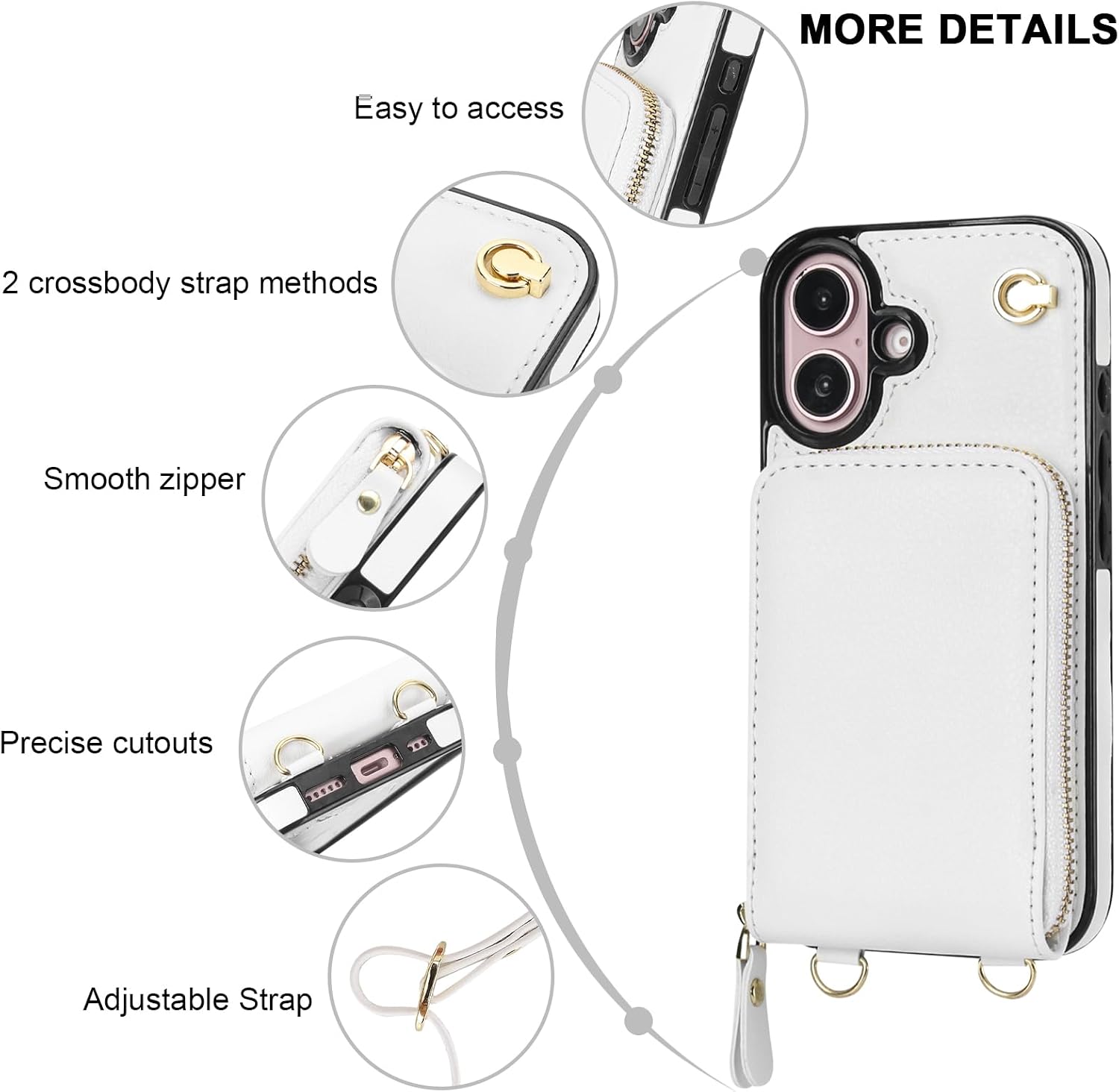 KIHUWEY Crossbody Wallet Case for iPhone 16, Zipper Pocket Case with Card Holder, PU Leather RFID Blocking Protective Cover Case with Kickstand Detachable Wrist Strap Lanyard 6.1" (White)