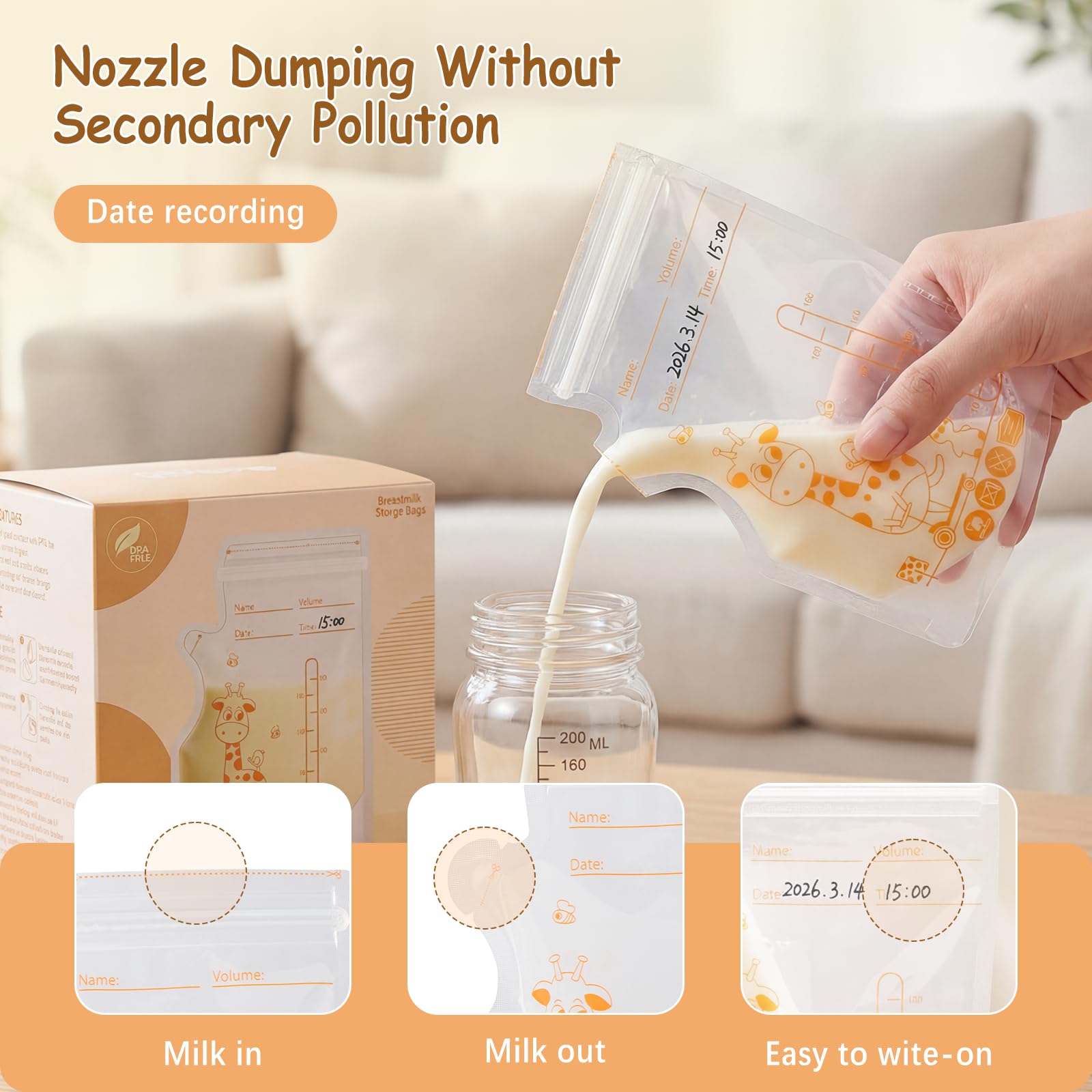 Vinabo Sachet Conservation Lait Maternelle, 100 PCS Sac Congelation Lait Maternel, 180ml Conservation Lait Maternel Pré-stérilisés, Sachet Lait Maternel Double Glissière de Sécurité