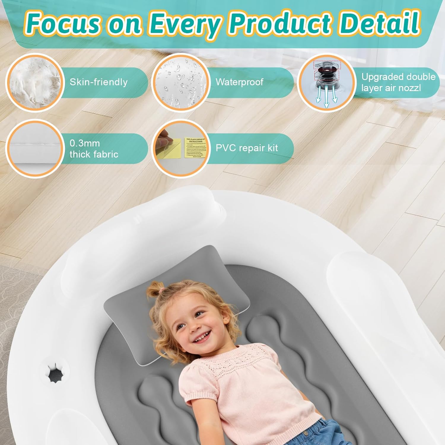Inflatable Toddler Travel Bed Kids Air Mattress with Safety Sides Portable Blow Up Mattress with Bumpers & Pump for Camping, Travel, Home-Grey 60 Inch