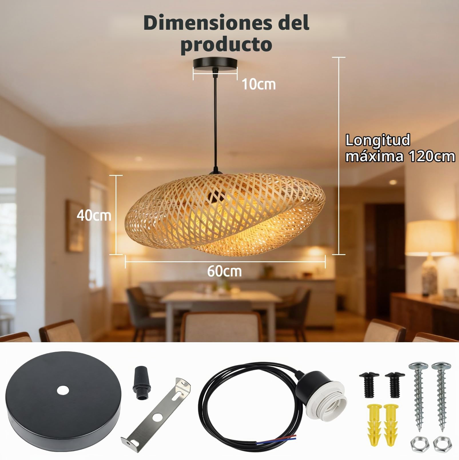 JAOGAUS Lámpara colgante de bambú, 60 cm de diámetro, bombilla no incluida | pantalla de ratán elaborada artesanalmente con casquillo E27 para dormitorio y salón