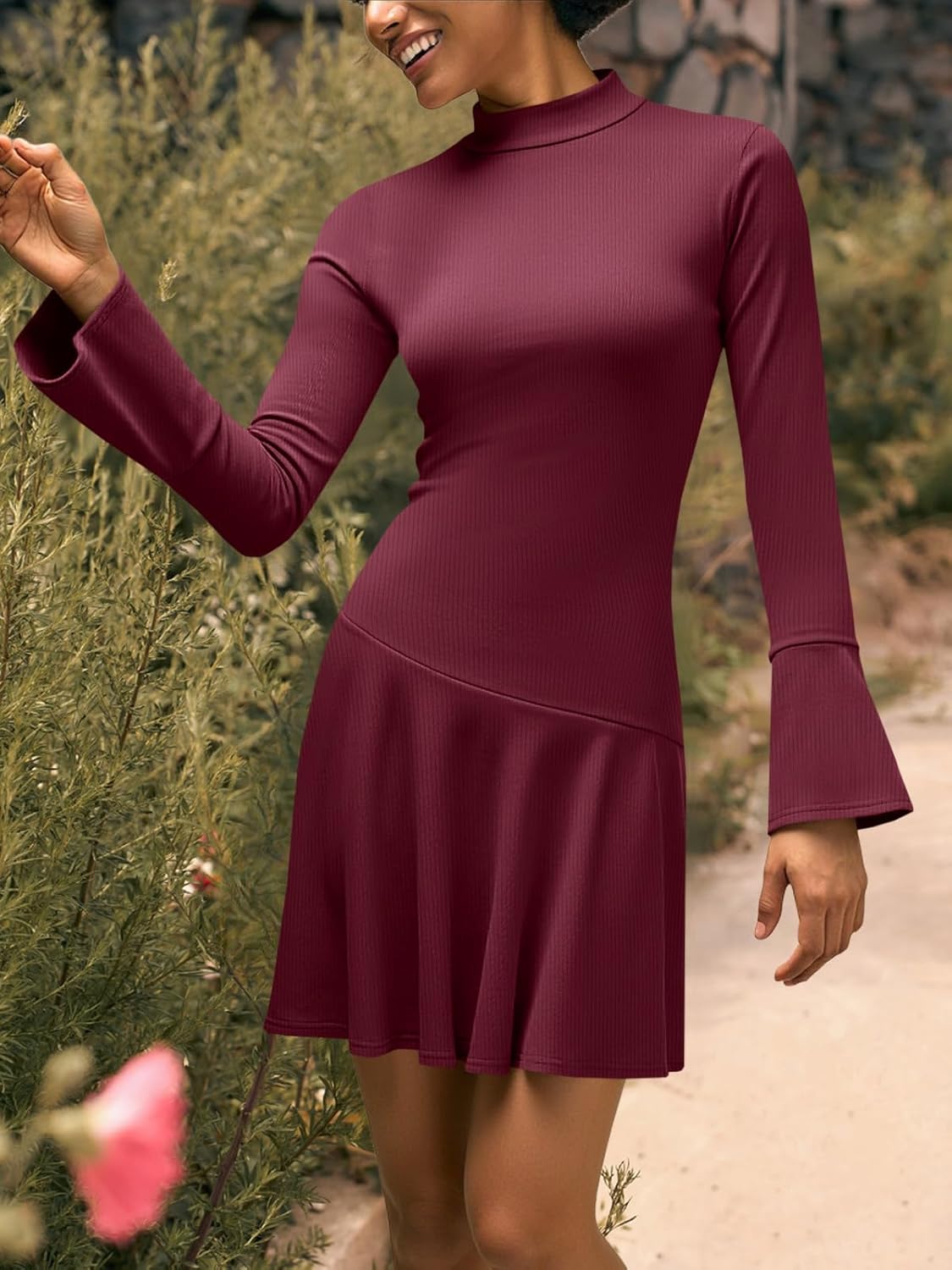 Wenrine Womens Long Bell Sleeve Mini Dress Casual Mock Neck Ruffle Hem Slim Fit Fall Knit Dresses - Image 4