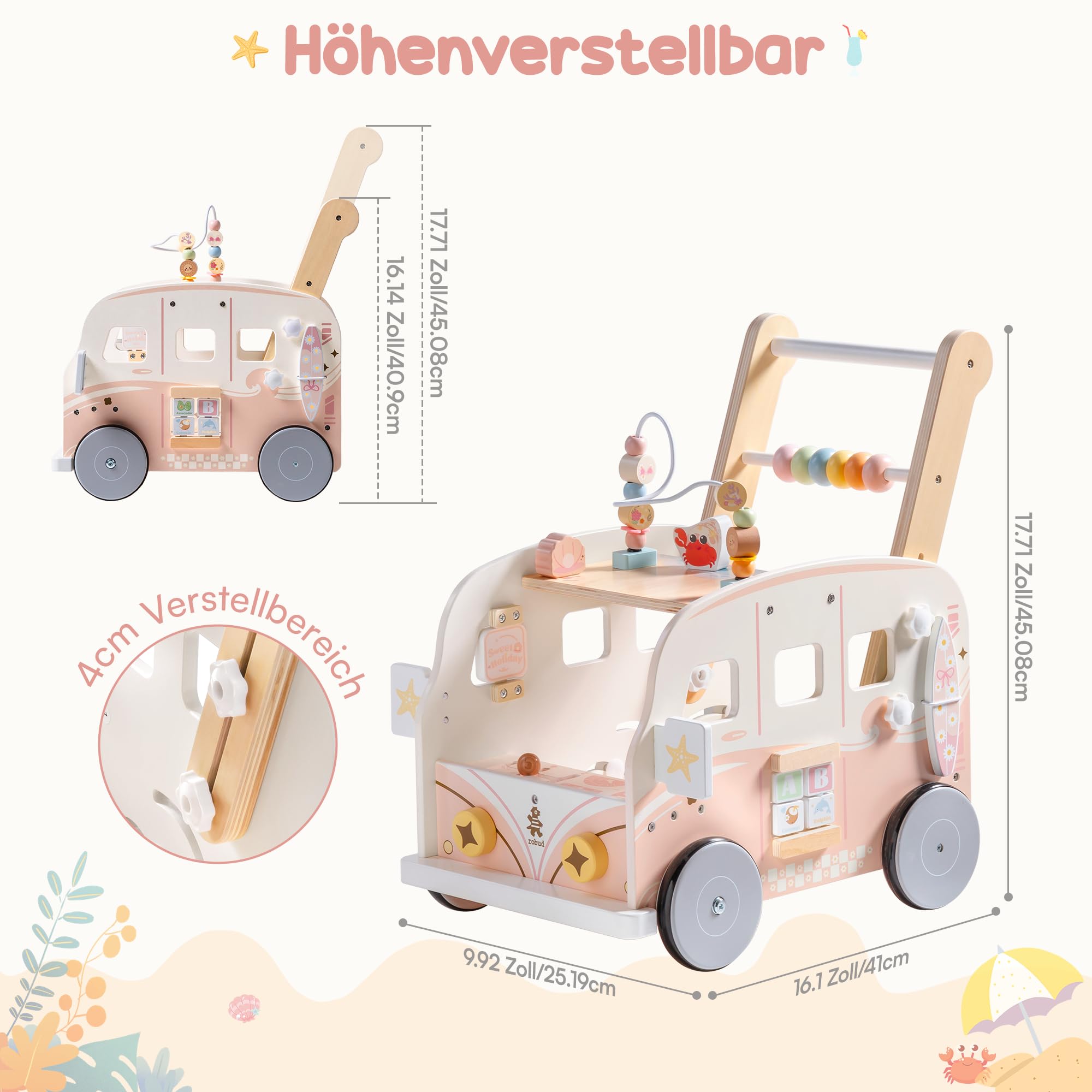 ROBUD Baby Lauflernhilfe Holz, Interaktiver Lauflernwagen, Einstellbare Geschwindigkeit & Höhe Baby Walker, Motorikspielzeug Geschenk für Kleinkinder ab 10 Monaten-1-2 Jahren (Rosa)