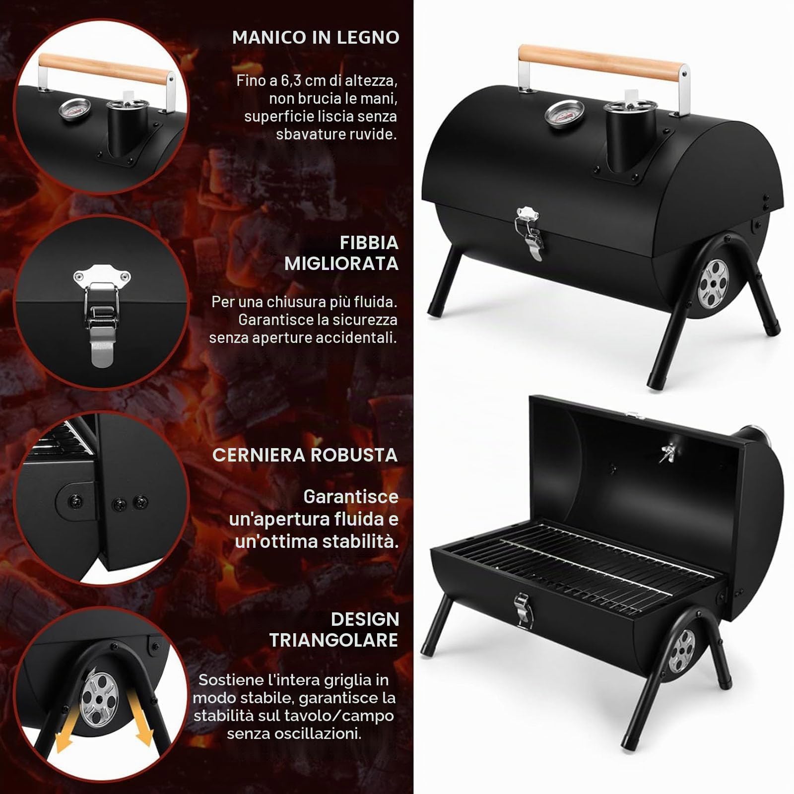Barbecue a carbonella portatile da campeggio con coperchio, piccolo barbecue da tavolo con termometro, flusso d'aria regolabile e quantità di scarico, per cucina all'aperto, feste, campeggio, picnic