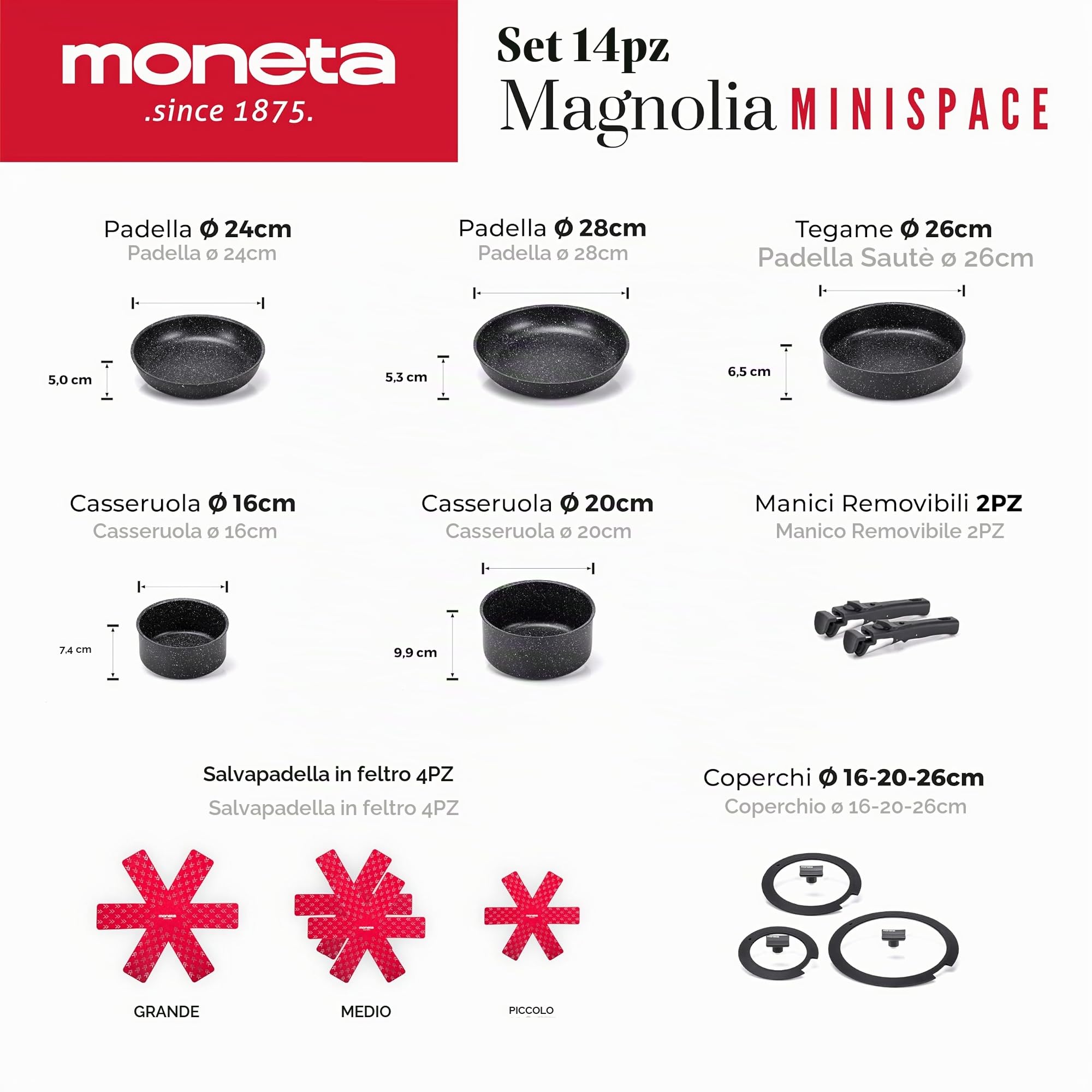 Moneta Magnolia Minispace Set Pentole Induzione 8 Pezzi con Manici Removibili, Padelle Antiaderenti 24 28 cm Skillet 26 cm Casseruole 16 20 cm Coperchi Vetro e Protezioni in Feltro