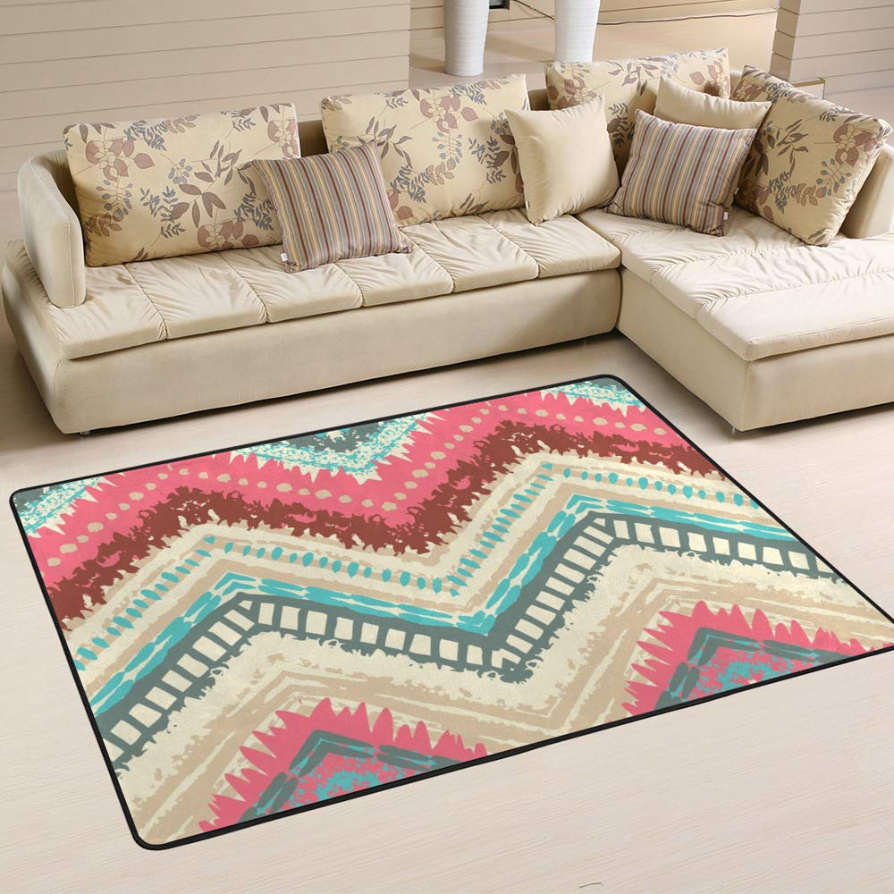 Tapis à motif ethnique zigzag facile à nettoyer et durable pour salle à manger