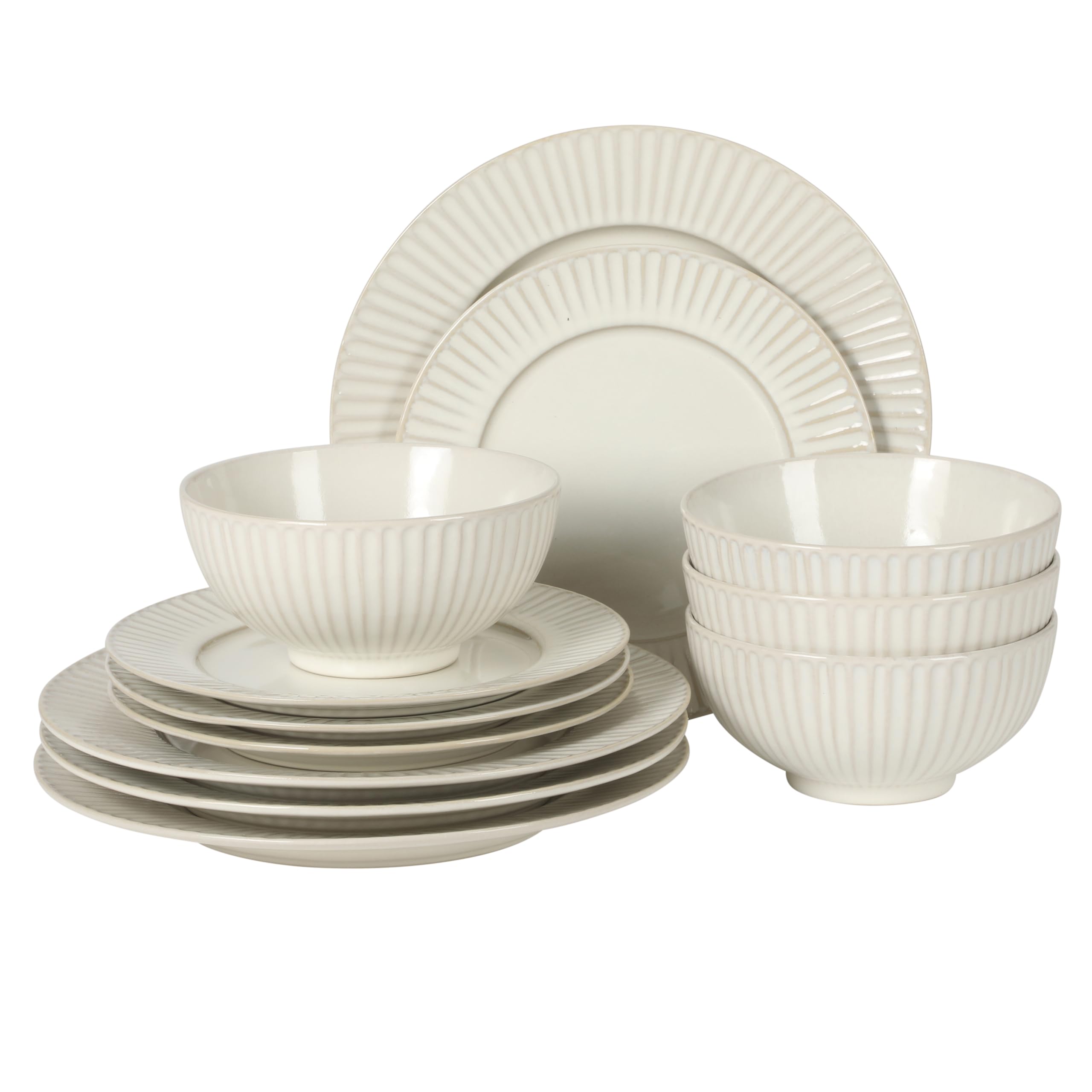 Gibson Elite Soleil Geschirr-Set aus Steingut, für 4 Personen, Teller und Schüsseln, Leinen, Weiß, 12-teiliges Set mit Speisetellern, Salattellern und Schüsseln