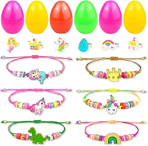 Relleno de cesta de Pascua para niñas y niños, huevos de Pascua rellenos de 6 huevos con pulsera colorida y anillo en el interior, huevos de Pascua